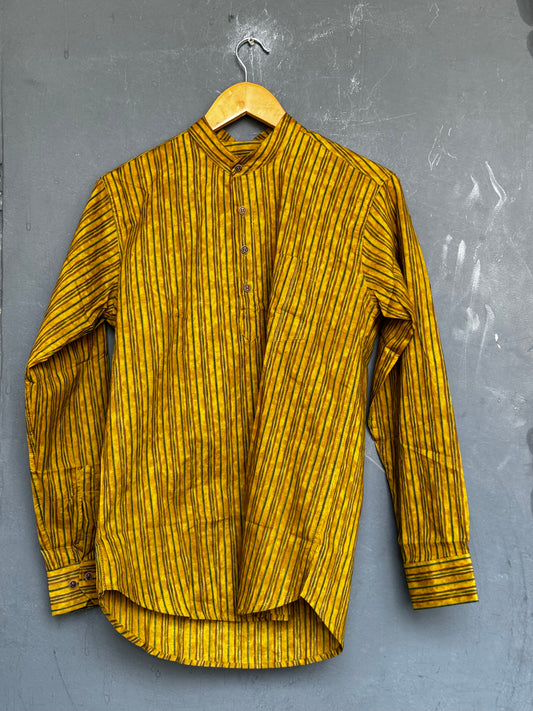 Mustard yellow stripes handblock printed full sleeves cotton short kurta for men