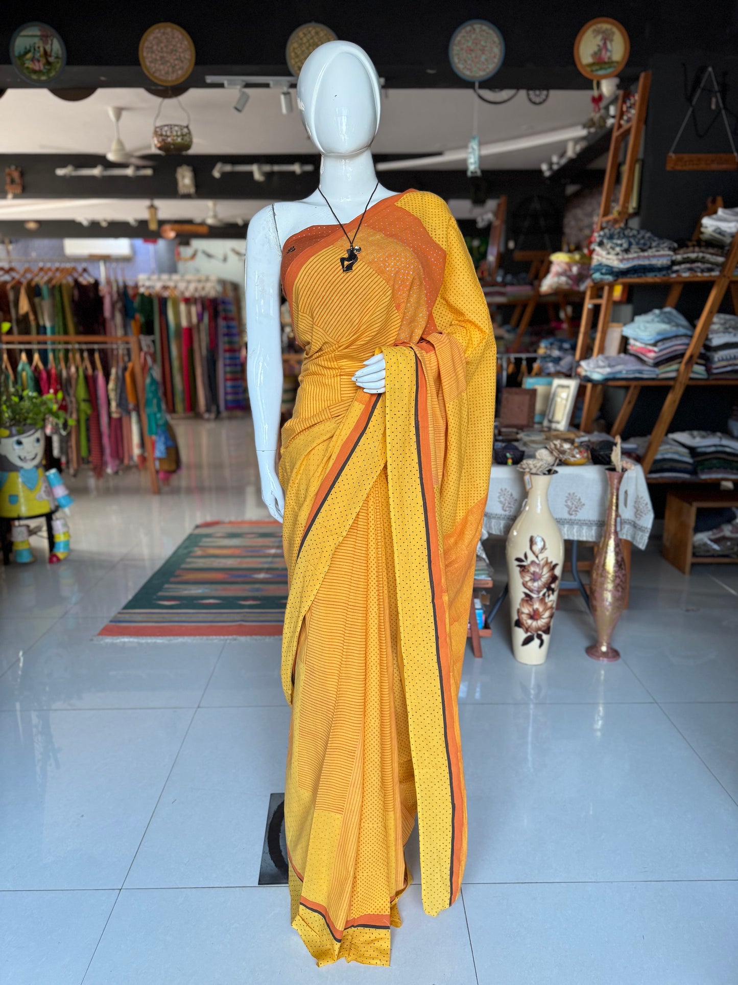 Yellow orange polka dots and stripes cotton hand spun, hand woven, hand block printed saree