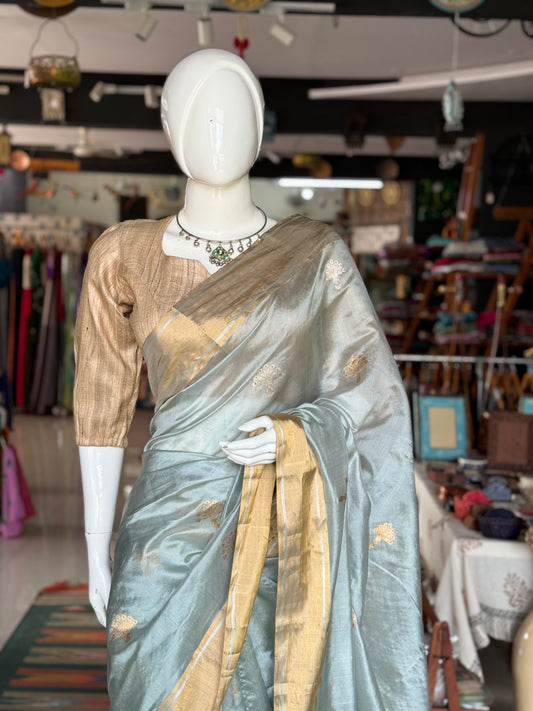 Pastel green Chanderi pure silk handwoven eknaliya buti saree