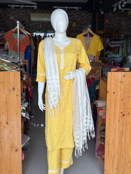 Yellow embroidered cotton kurta, white dupatta n pants set - 3 piece suit set