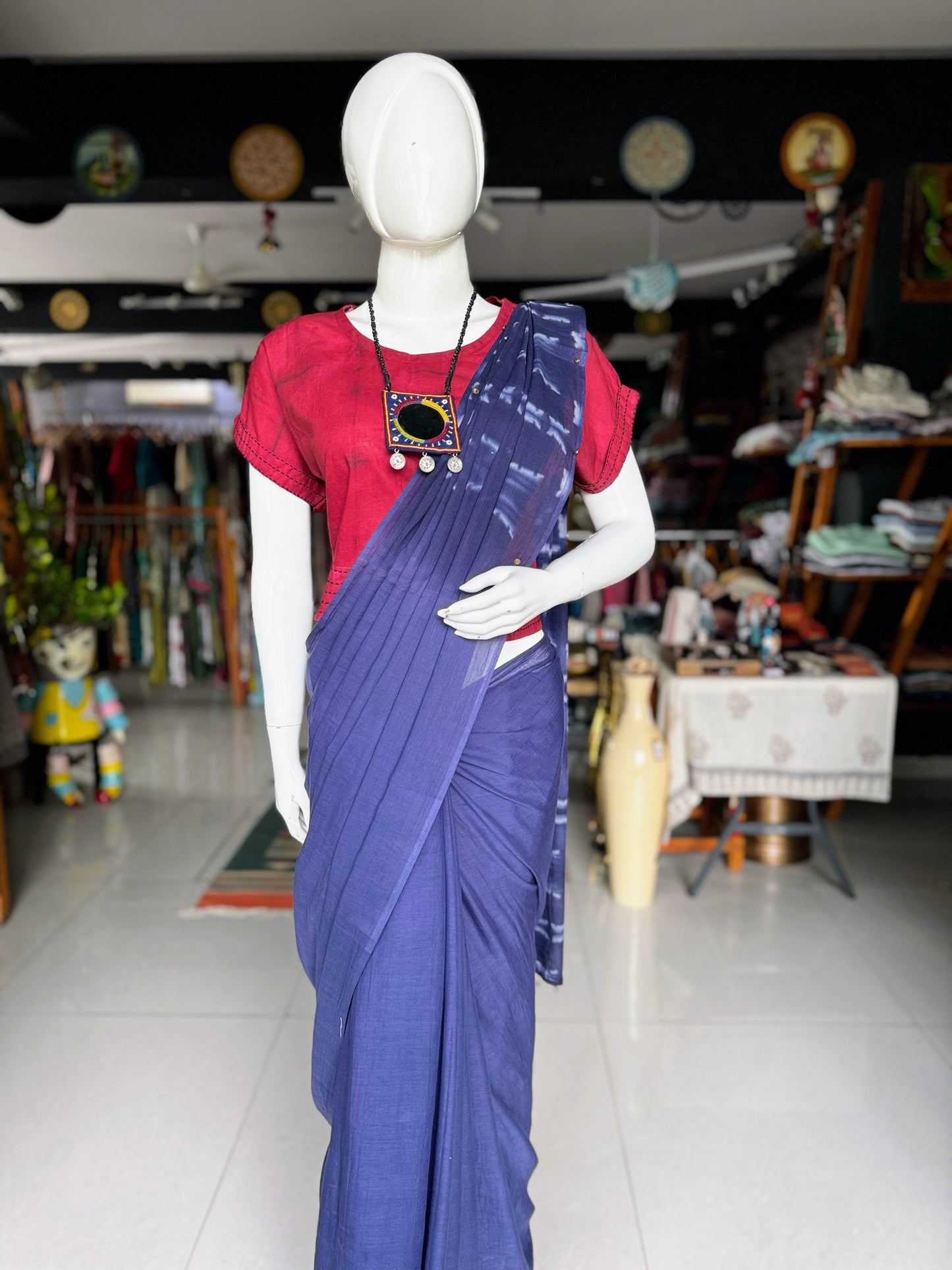 Blue hand embroidered soft cotton saree with maroon embroidered prestitched blouse