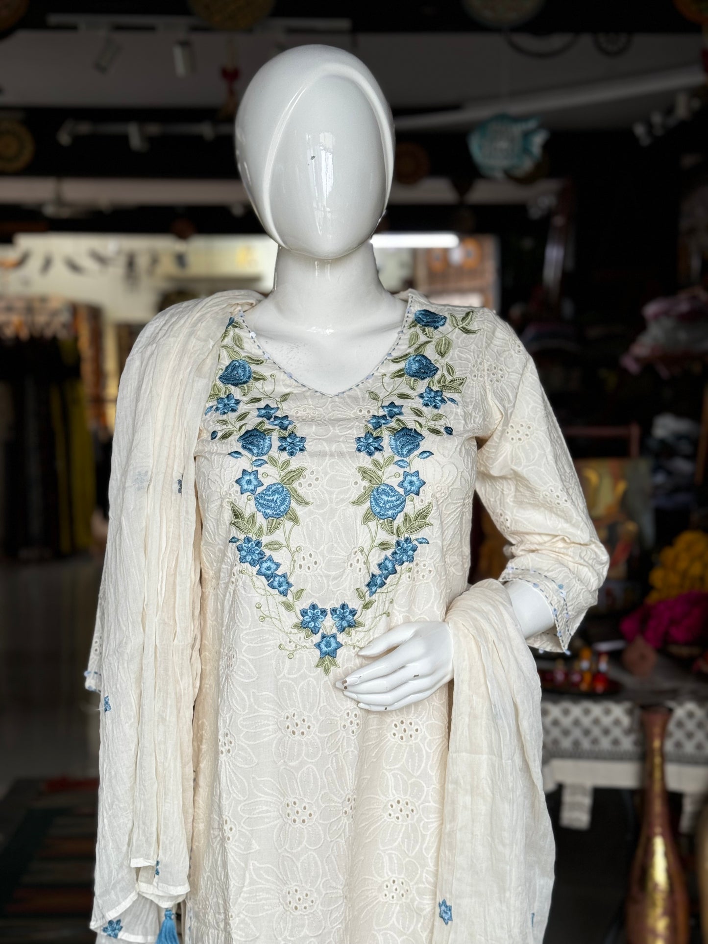 Off white schiffli embroidered Kurti, pants and dupatta - 3 piece set