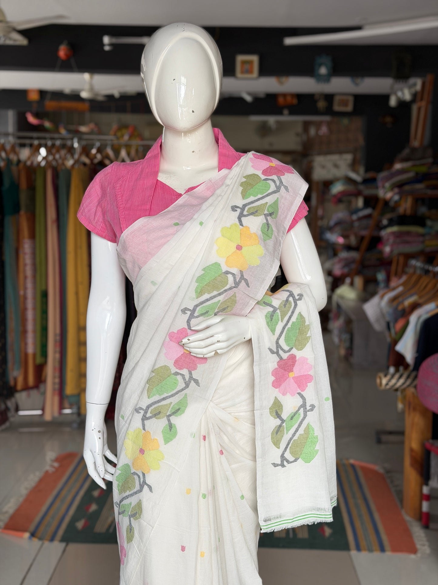 Off white Jamdani soft cotton handloom fabric / yardage saree with multi color floral border
