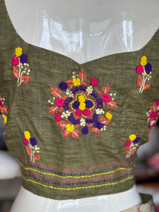 Green floral hand kantha embroidered silk blouse