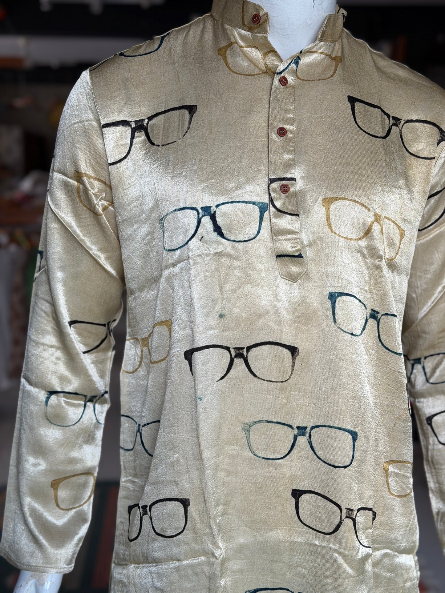 Beige spectacles chashma hand block printed Ajrakh mashru long kurta for men