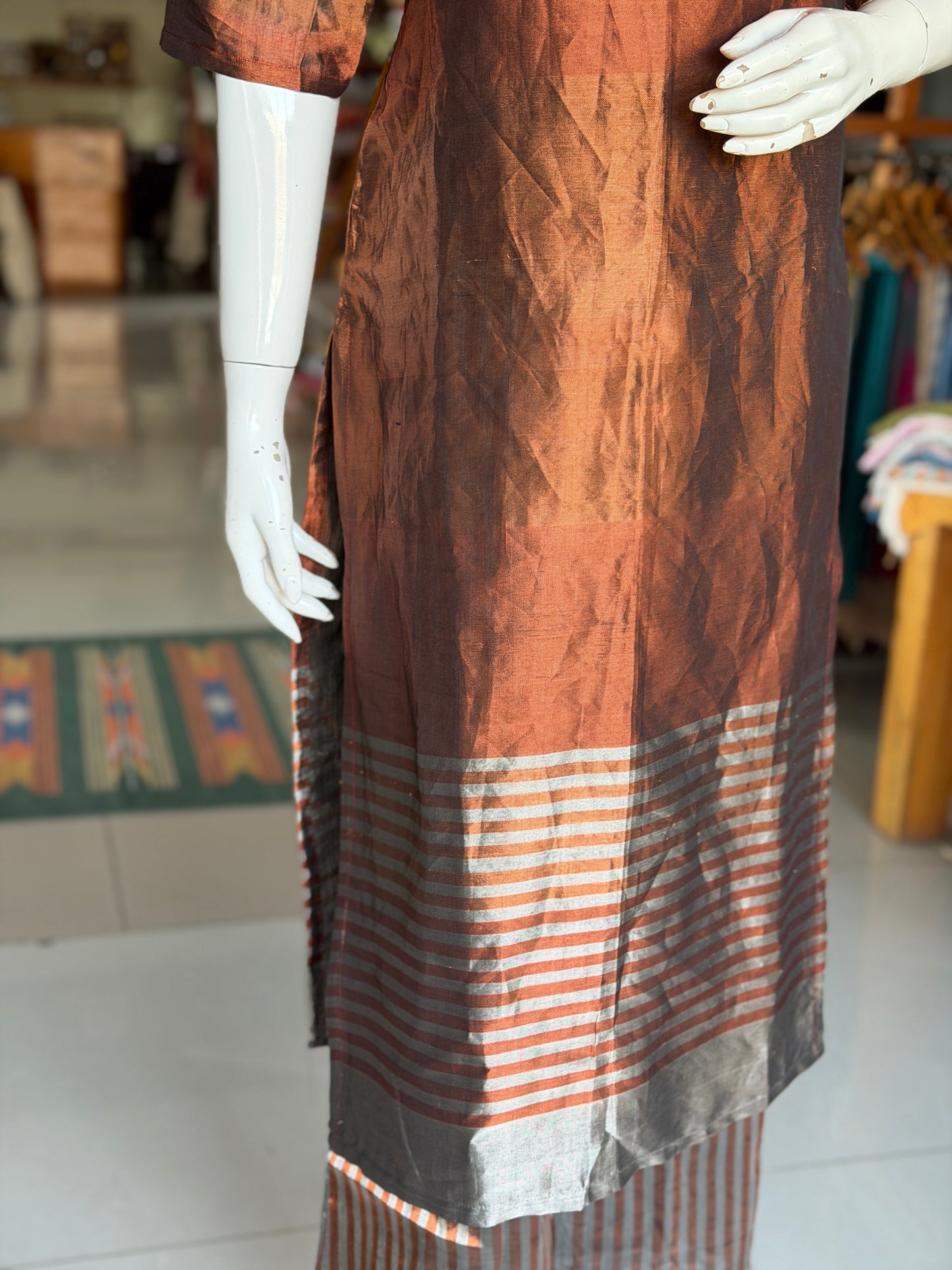 Brown Maheshwari tissue cotton handwoven straight kurti with silver stripes at hem