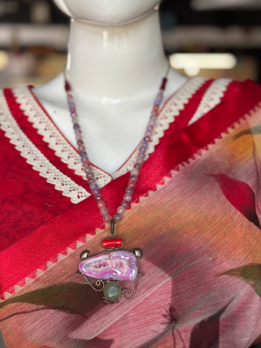 Pink n lavender stone beads neckpiece with pendant