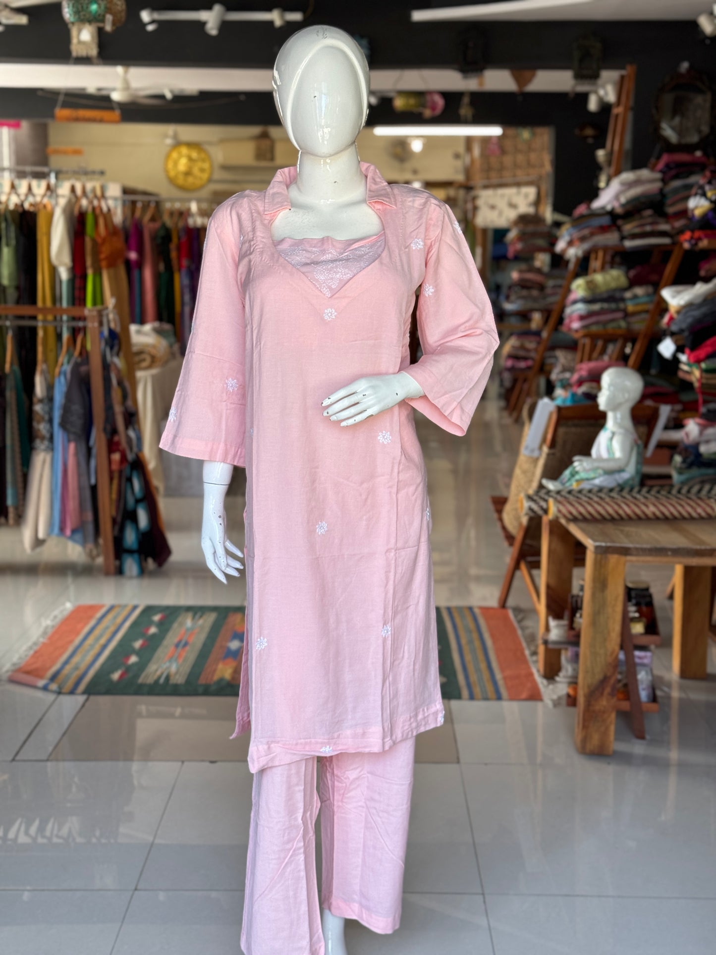 Light pink hand embroidered cotton kurta, inner top and pants - 3 piece set