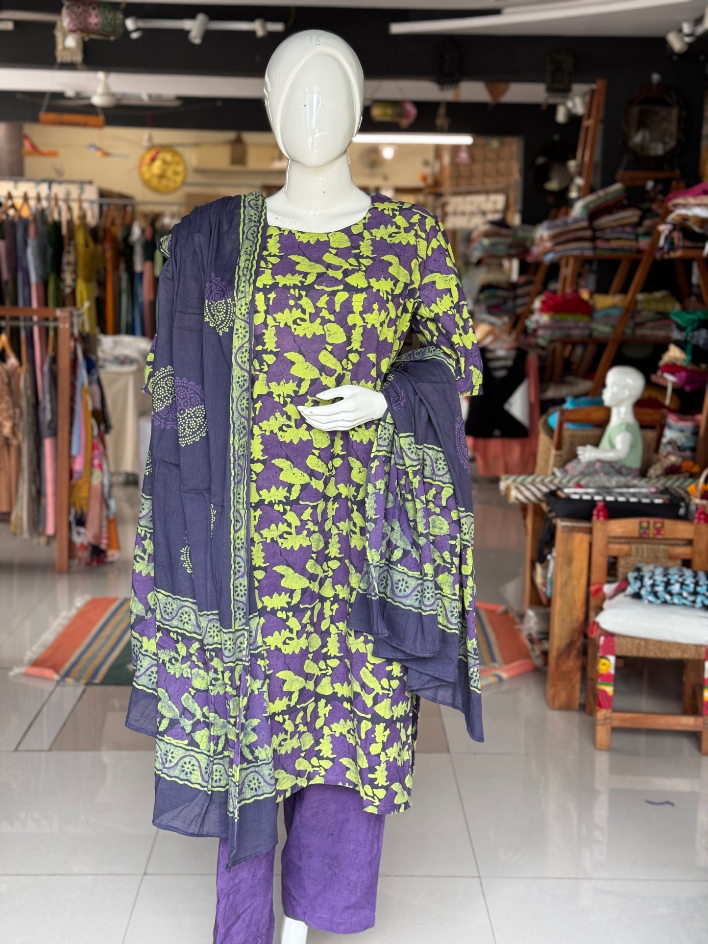 Violet n green batik cotton straight kurta, dupatta and pants -  3 piece suit set