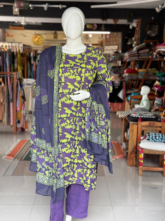 Violet n green batik cotton straight kurta, dupatta and pants -  3 piece suit set