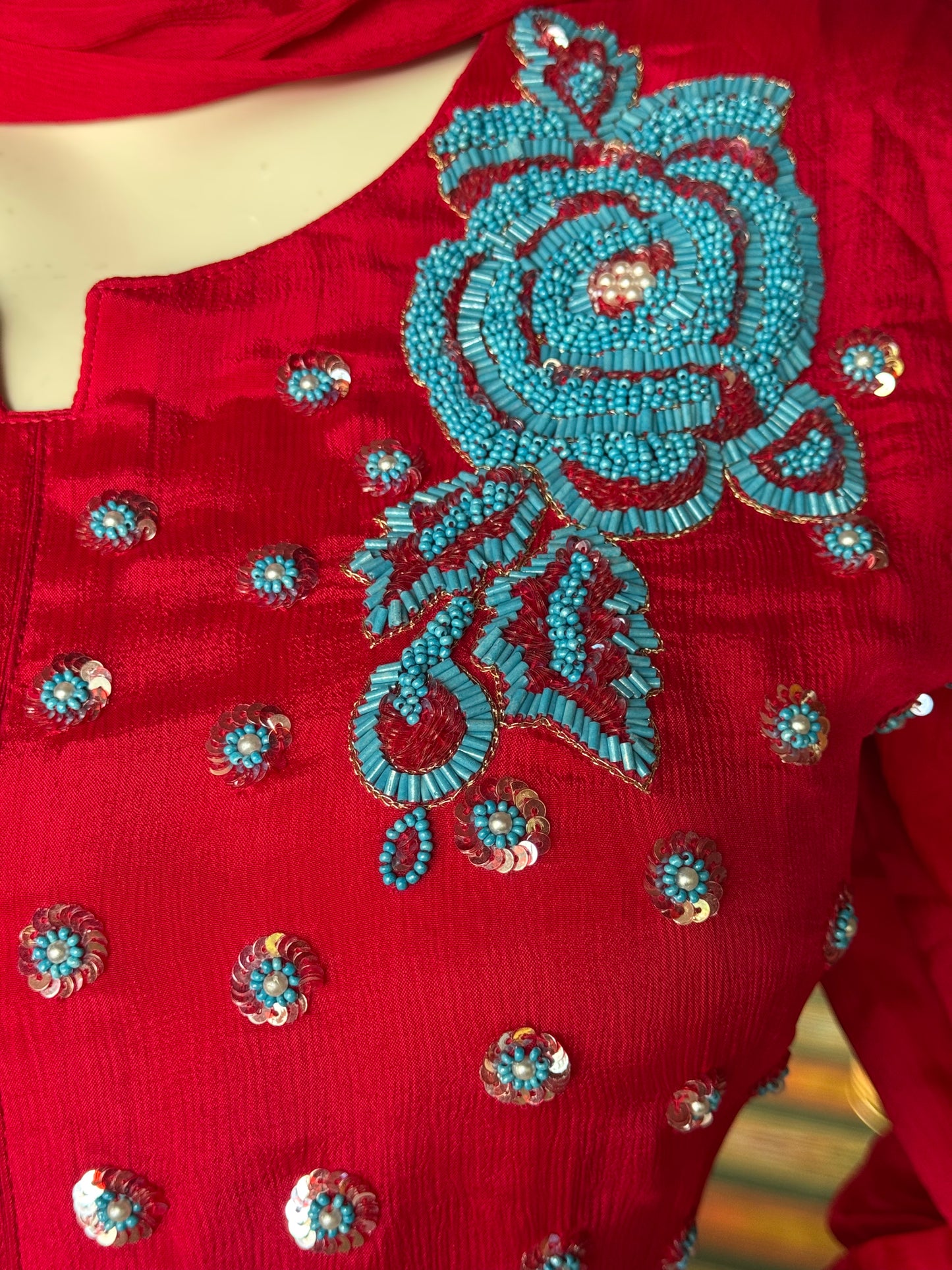 Hot pink wrinkled georgette embroidered 3 piece suit set - festive wear set