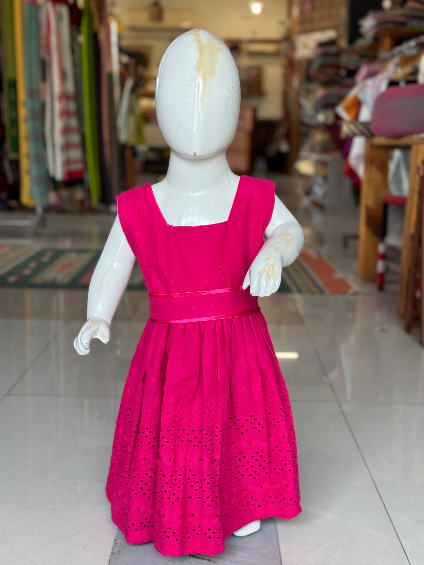 Dark pink schiffli Hakoba cotton sleeveless frock