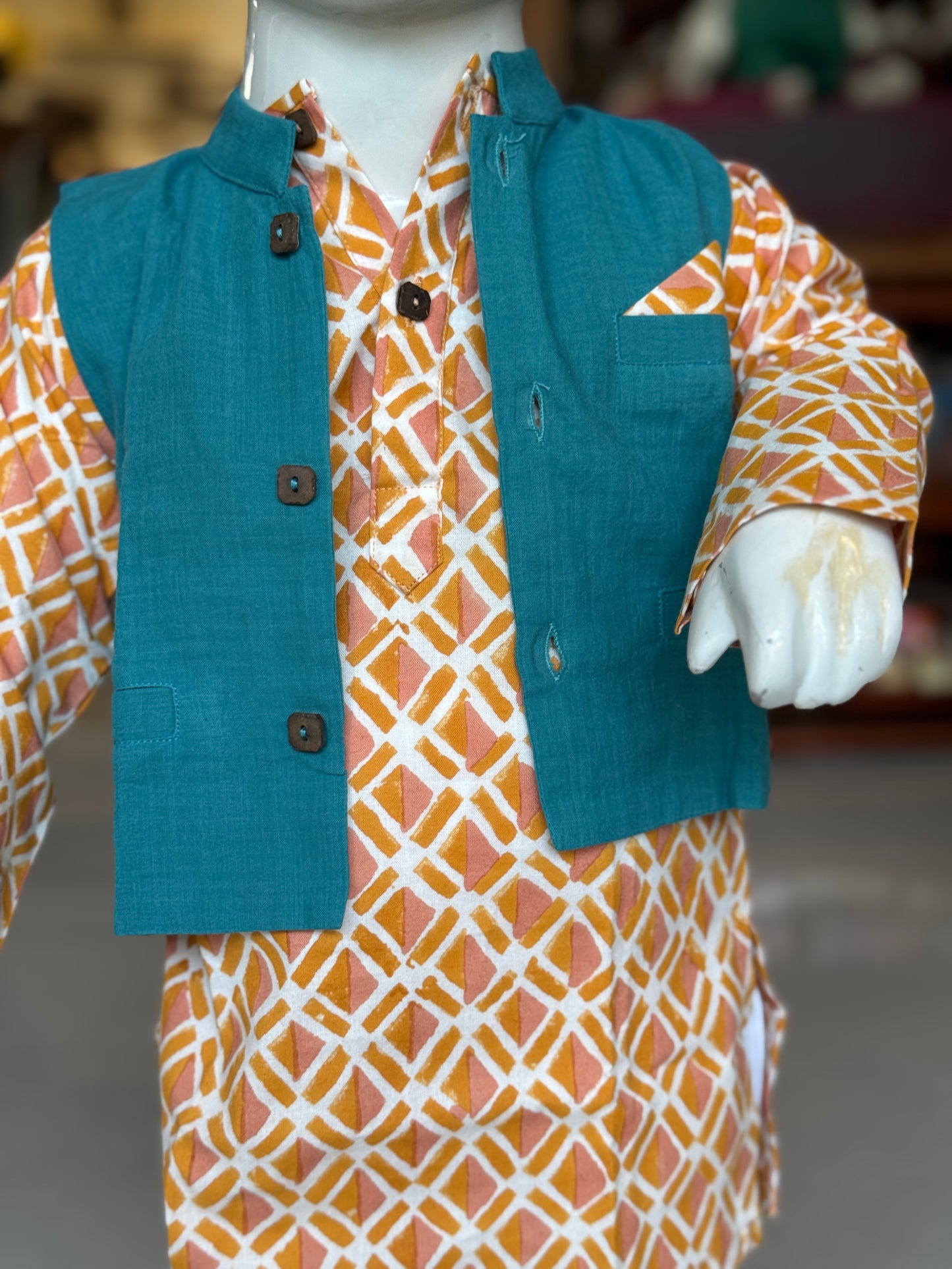 Peach n orange triangles handblock printed kurta pajama set with turquoise jacket for boys - 3 piece set