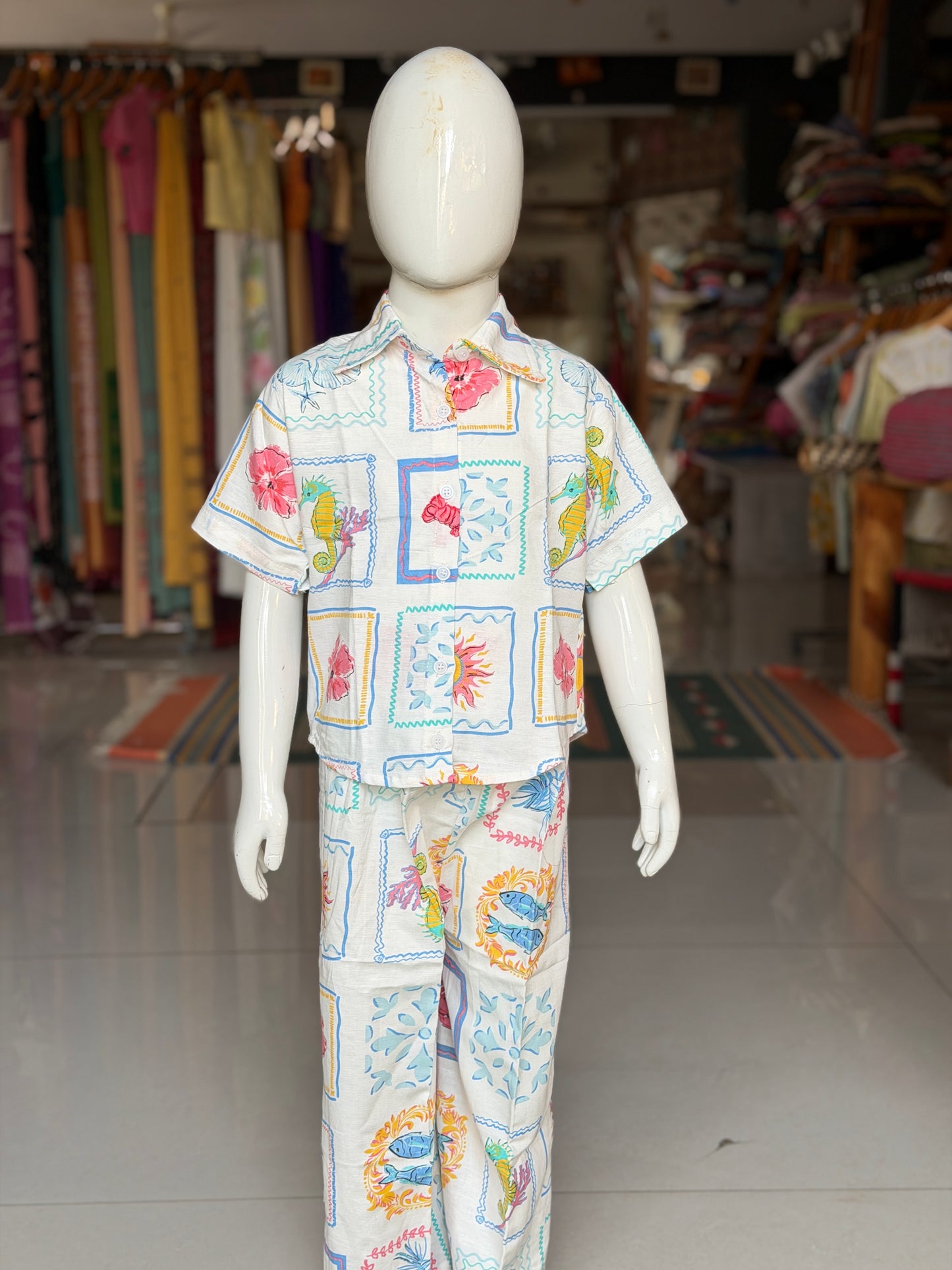 White Sea world, flowers, fruits print collared top pant coord set