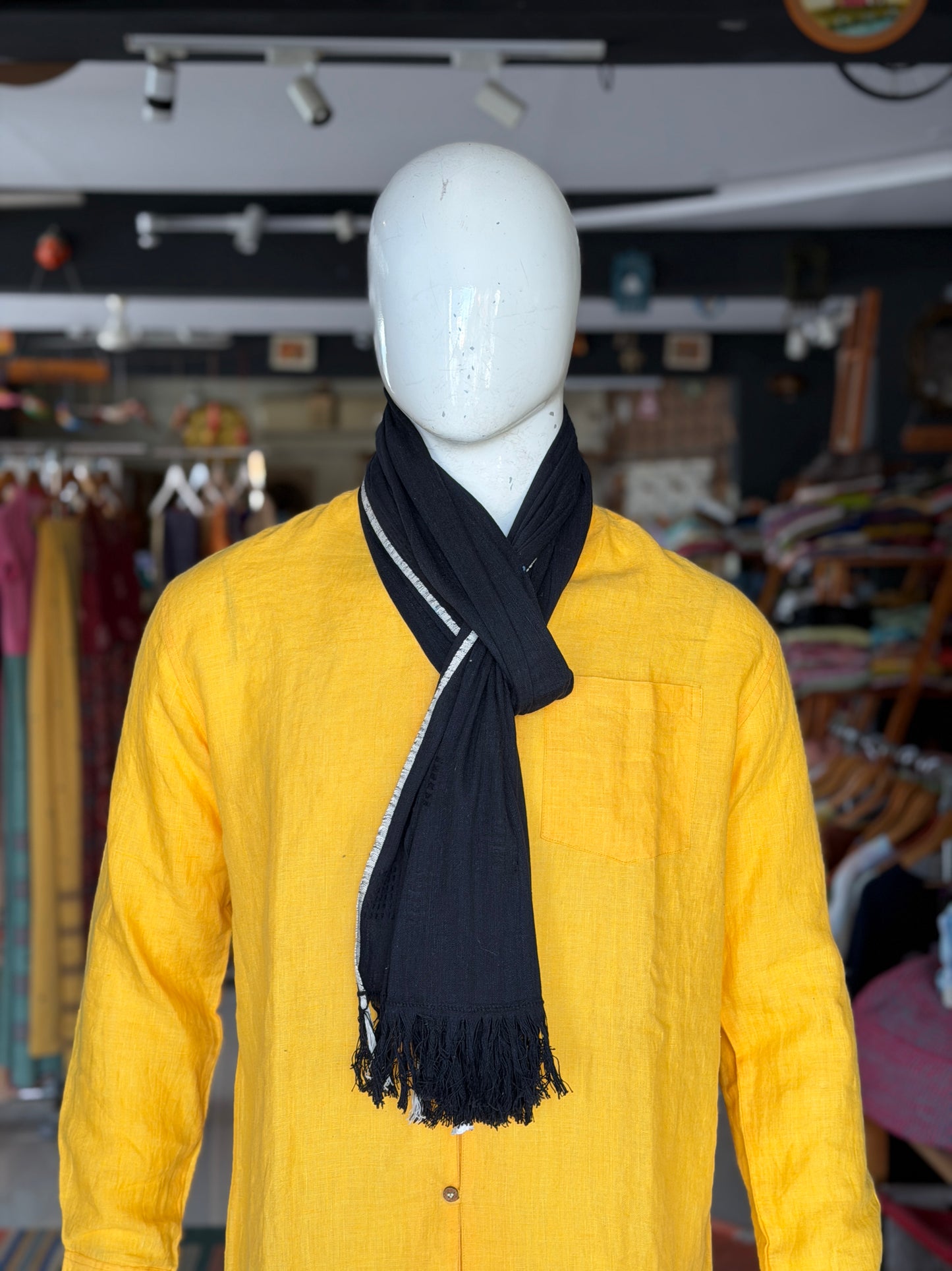 Black hand spun, hand woven cotton stole with textured square patterns
