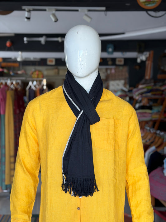 Black hand spun, hand woven cotton stole with textured square patterns