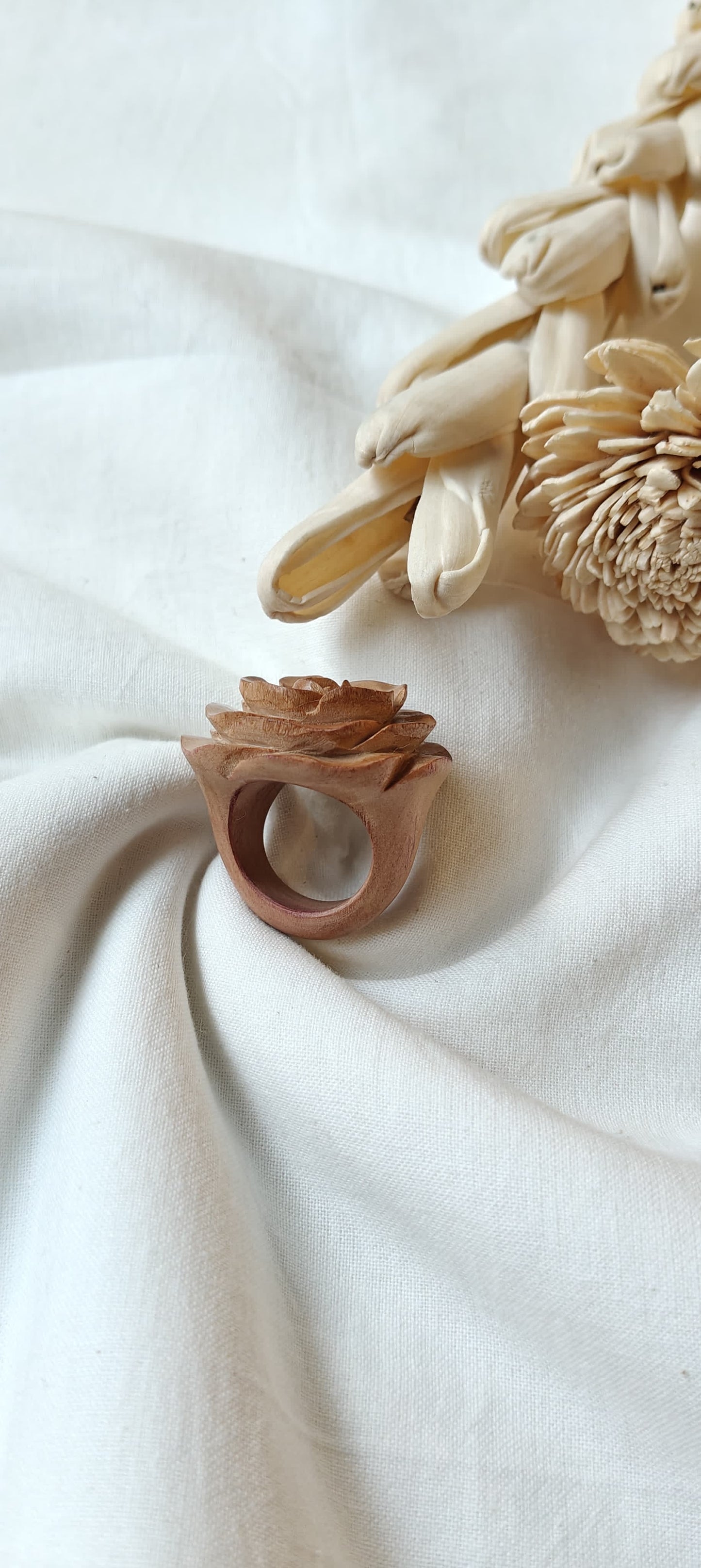 Rose hand carved finger ring in yellow wood - color options available