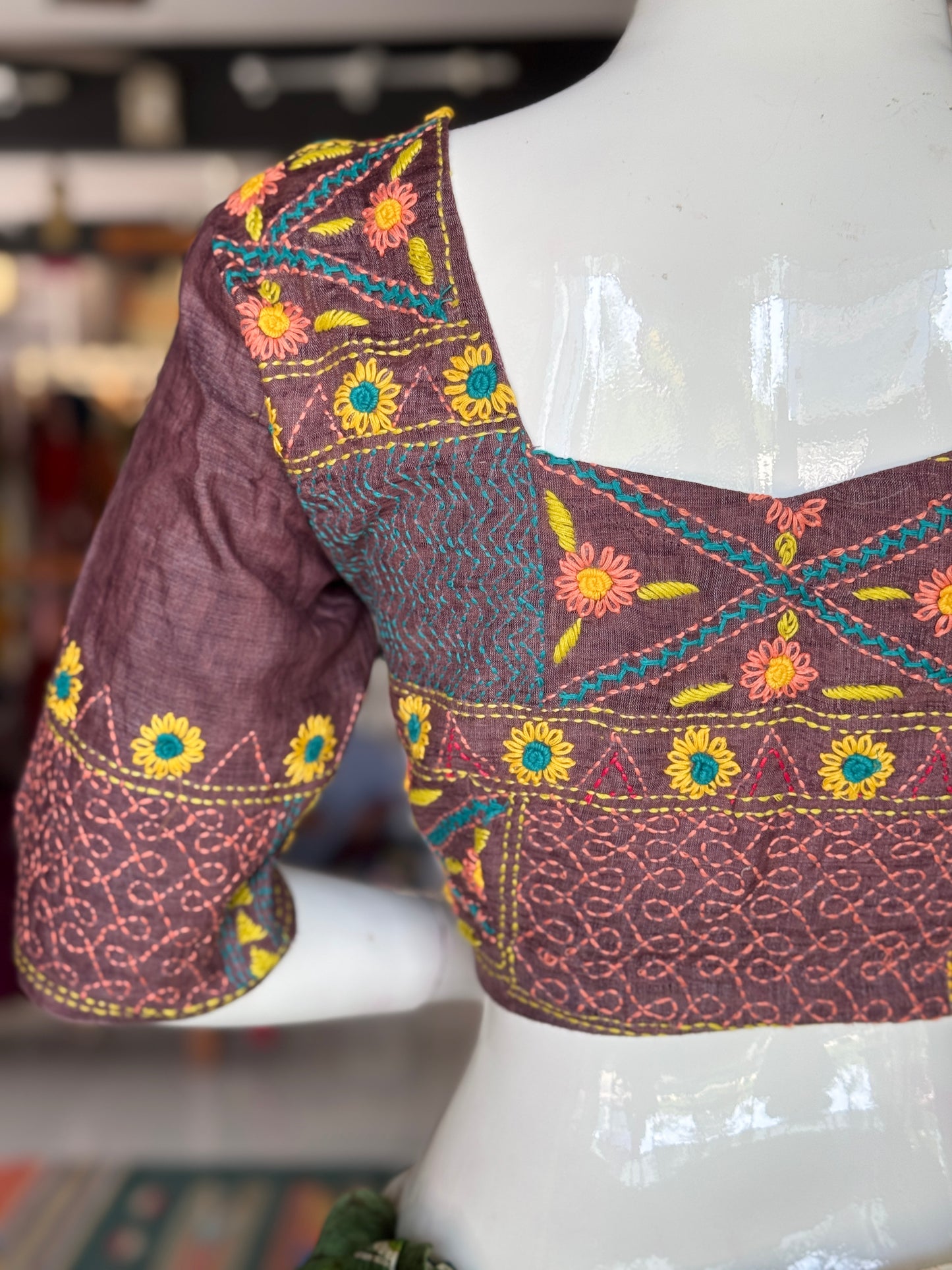 Plum floral hand kantha embroidered silk blouse