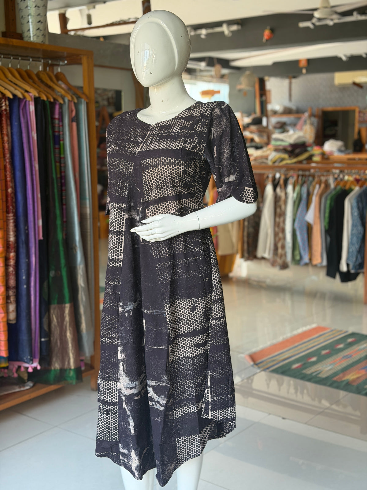 Black and beige hand block printed cotton dress