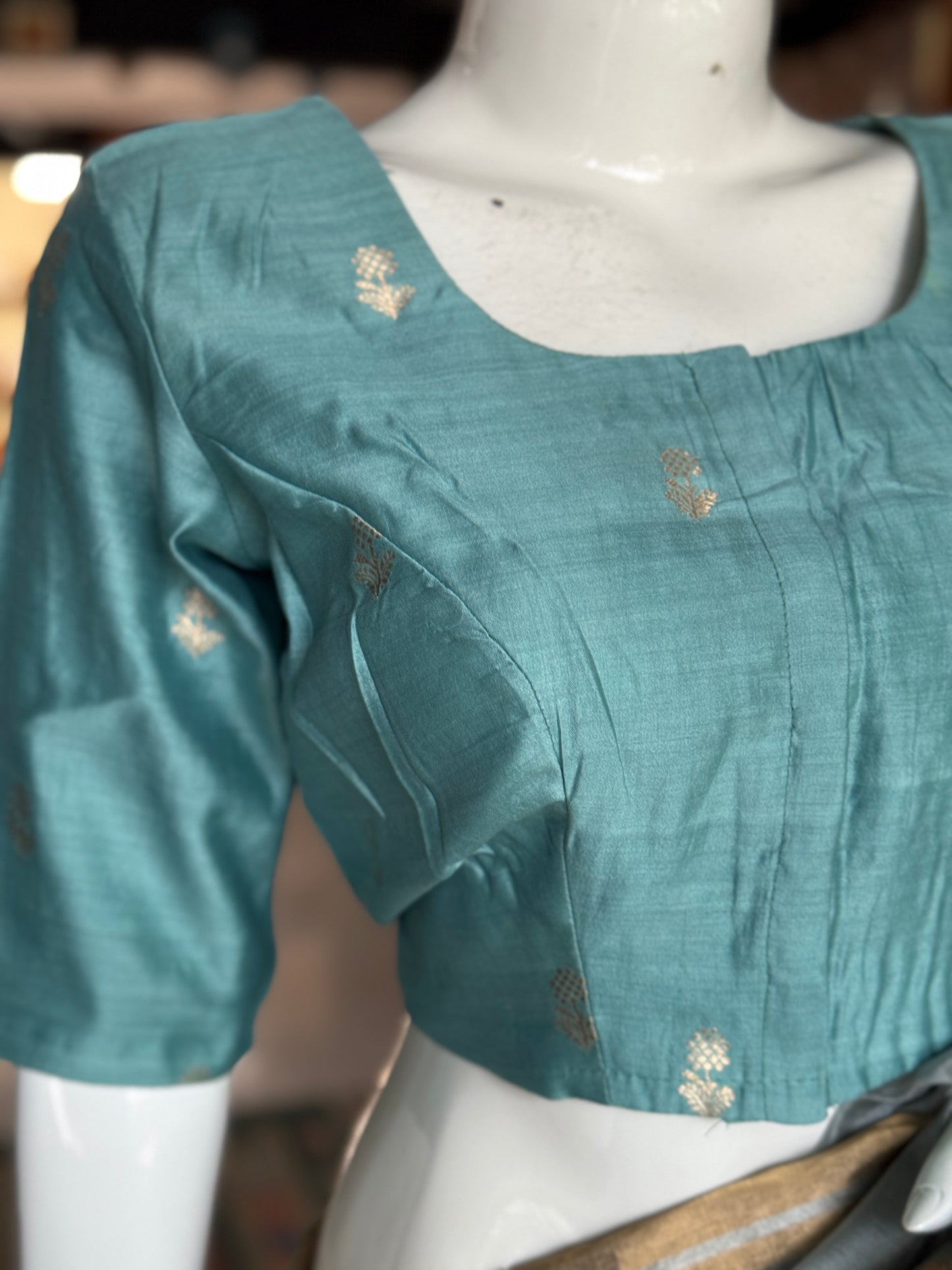 Pastel blue hand woven pure silk blouse with flower butis - front open, with lining