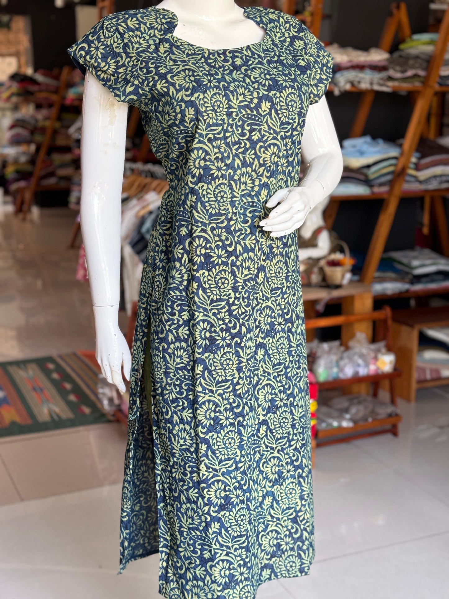 Indigo Ajrakh hand block print straight cut cotton kurti