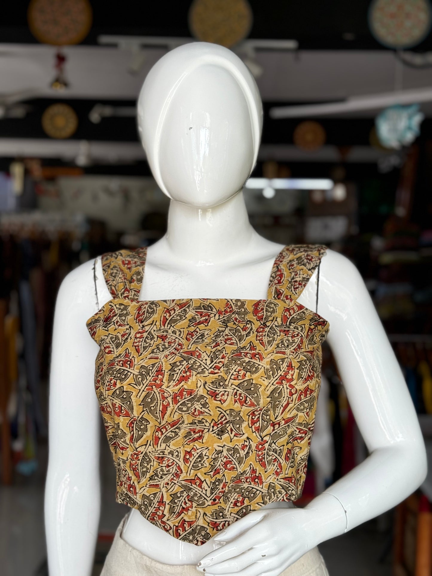 Olive green leaves hand block printed kalamkari cotton crop top / blouse