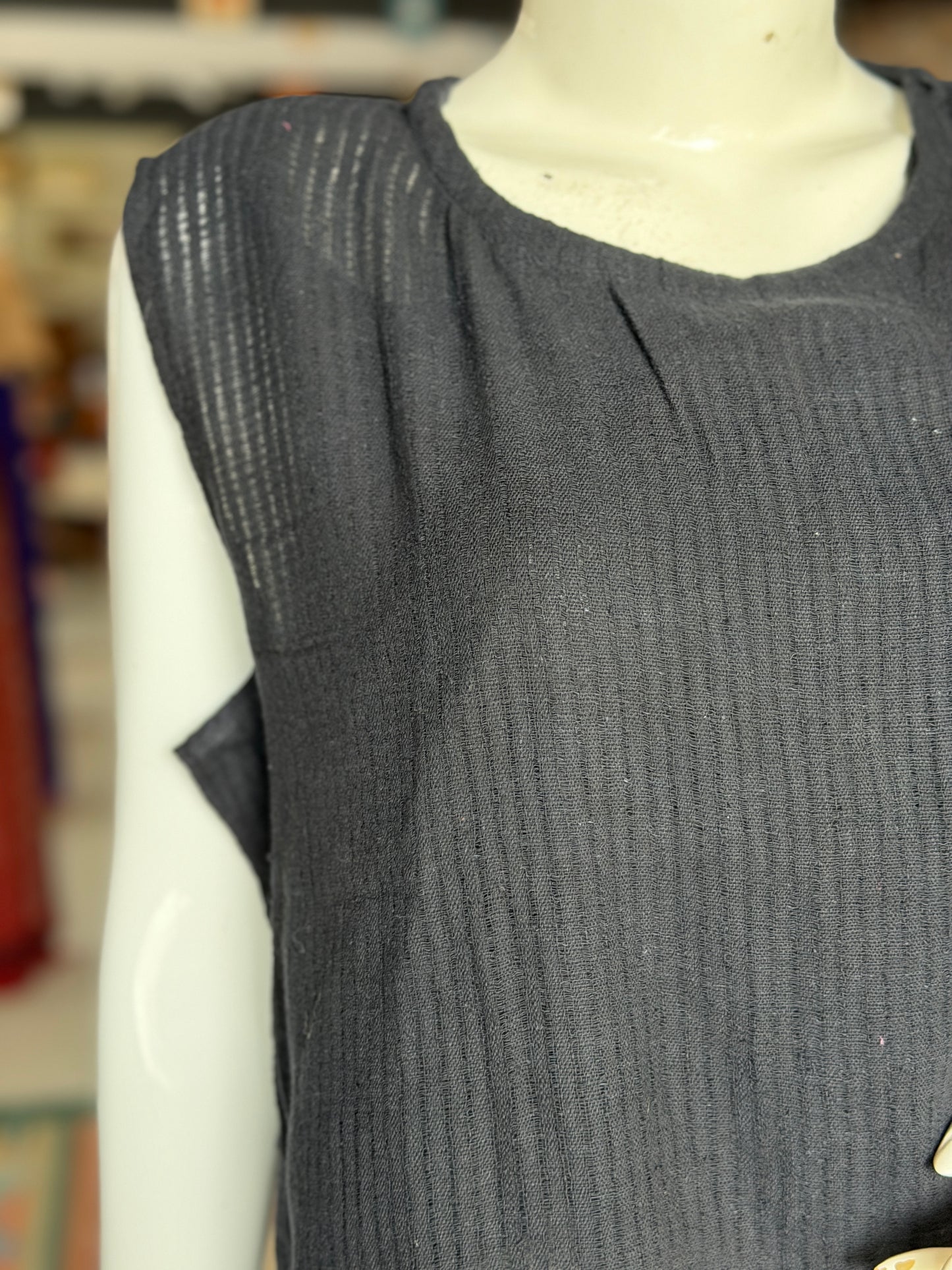 Black cotton top with asymmetric shoulder pleats - hand spun, hand woven fabric with missing thread stripes weave