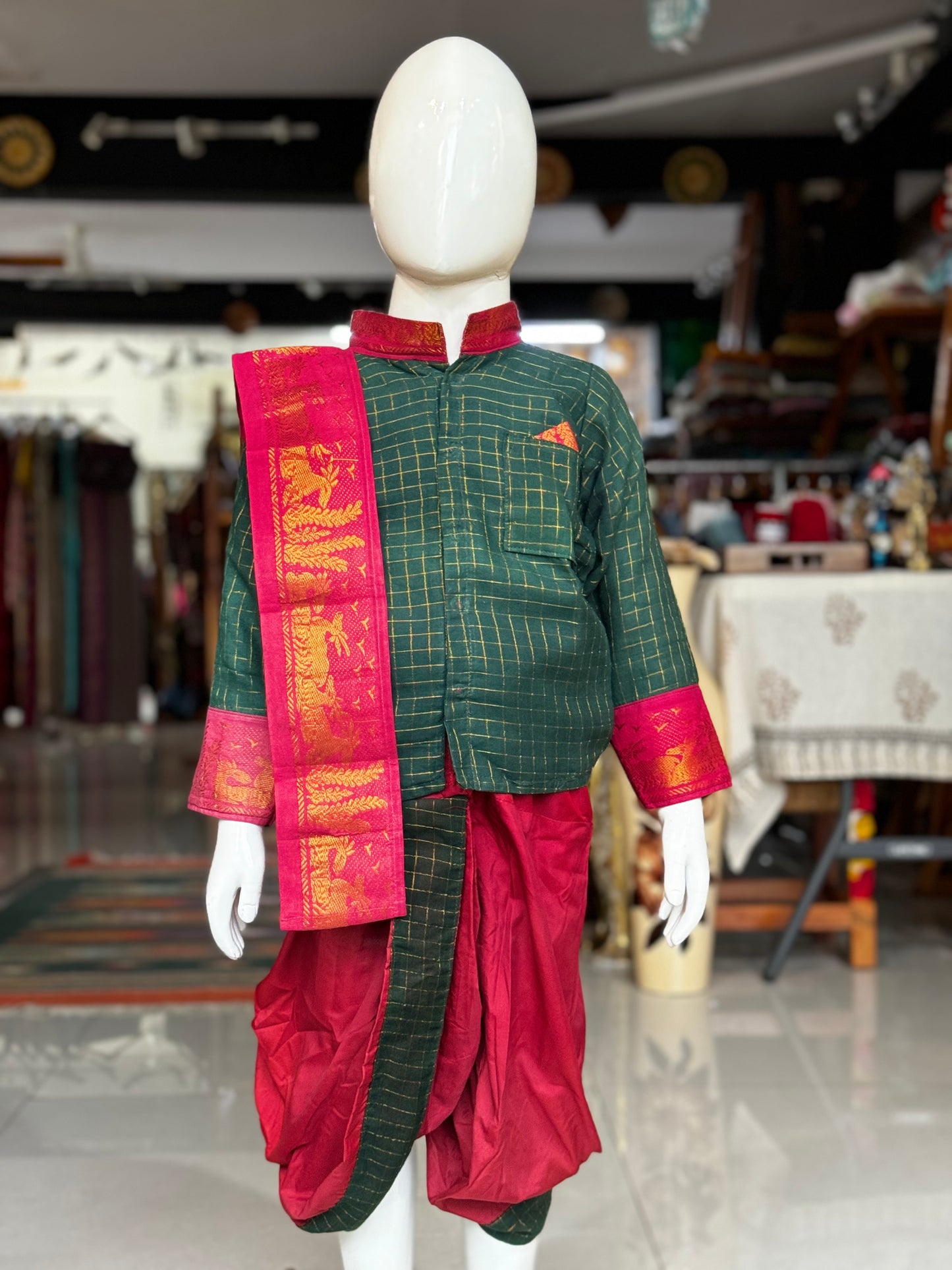 Green and maroon cotton shirt, dhoti pants and kanduva set for boys