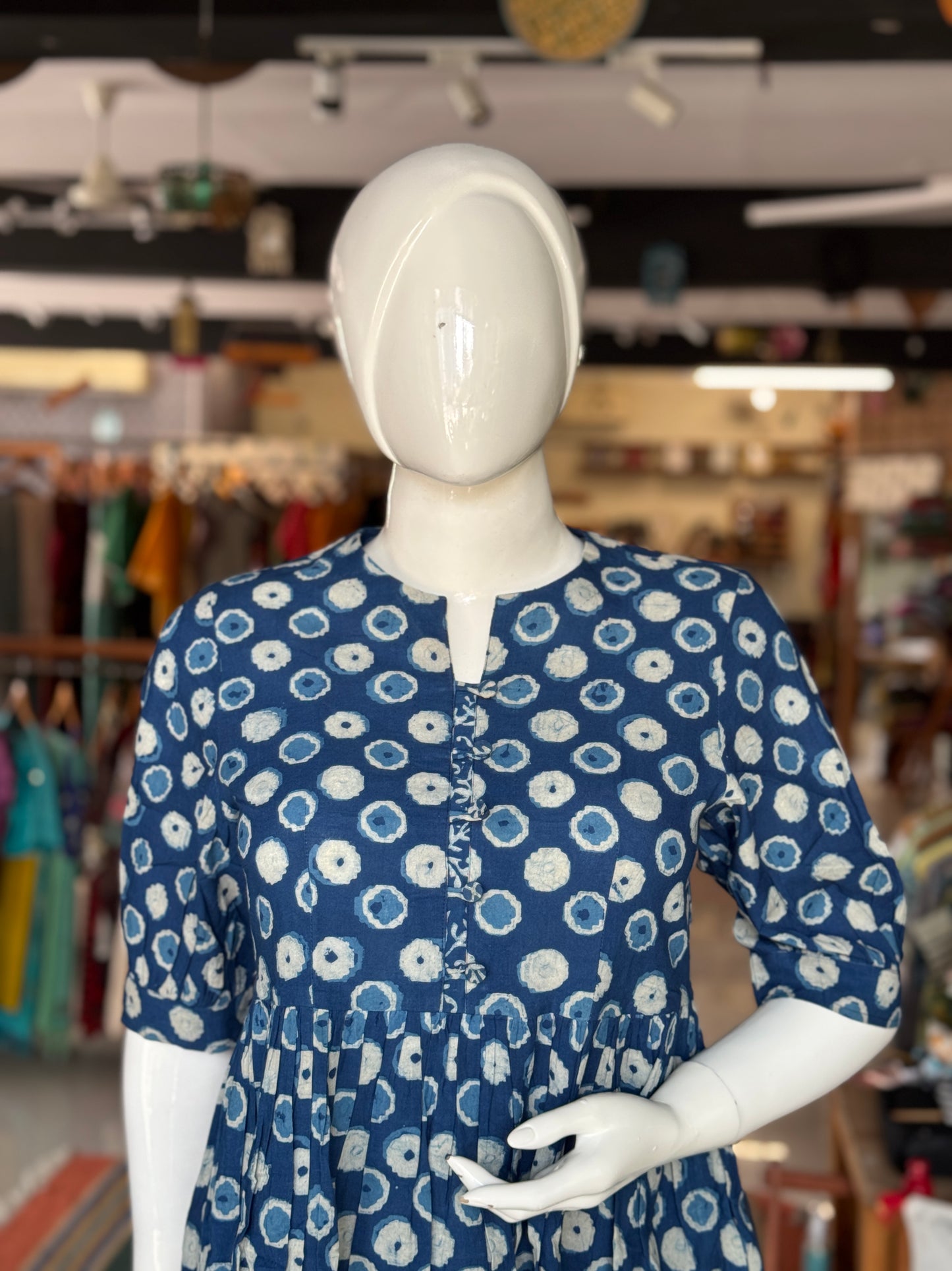 Indigo polka dots hand block printed short cotton dress