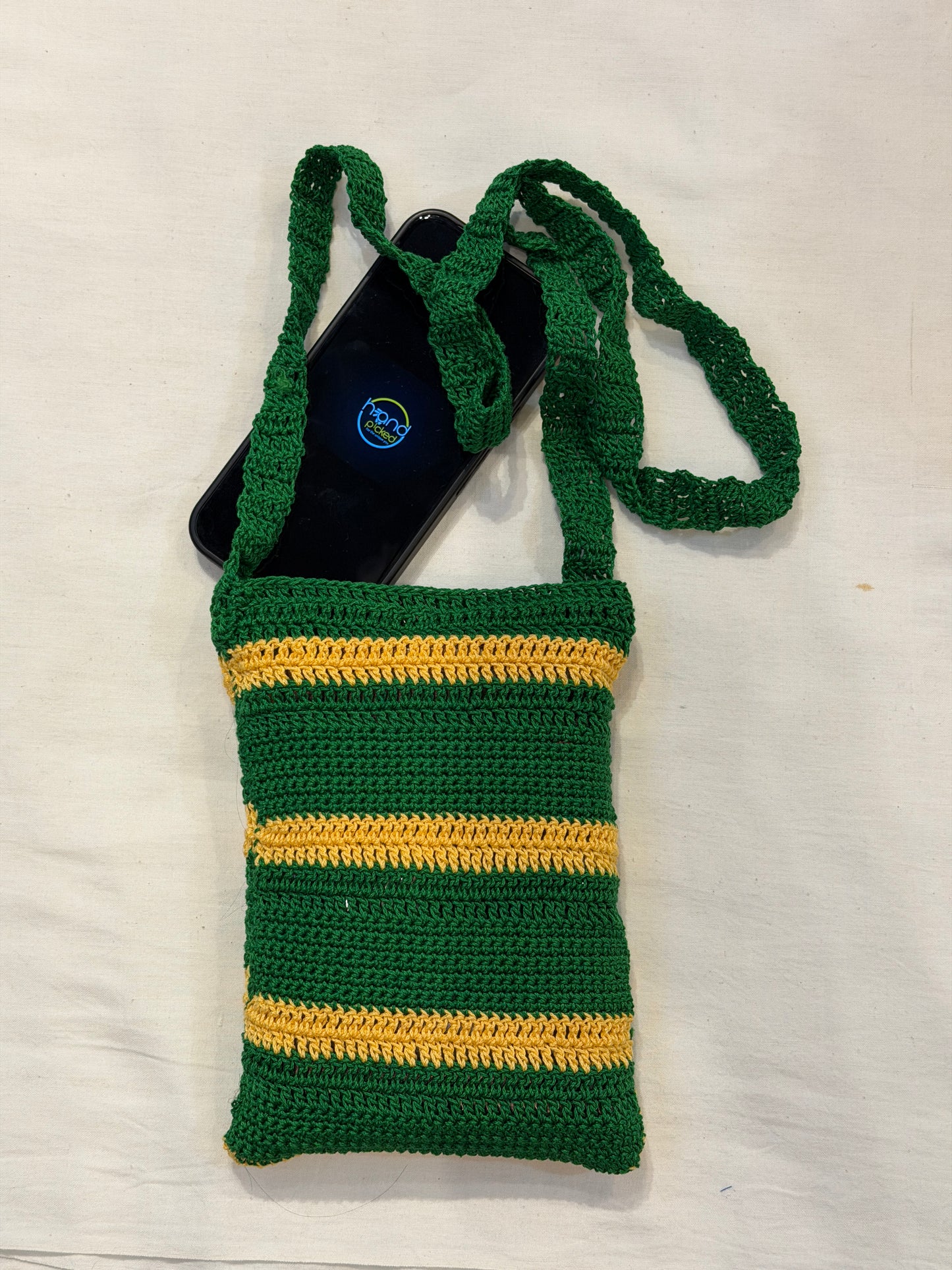 Sling bag for mobile phones - handcrafted crochet bag with click button closure - color options available