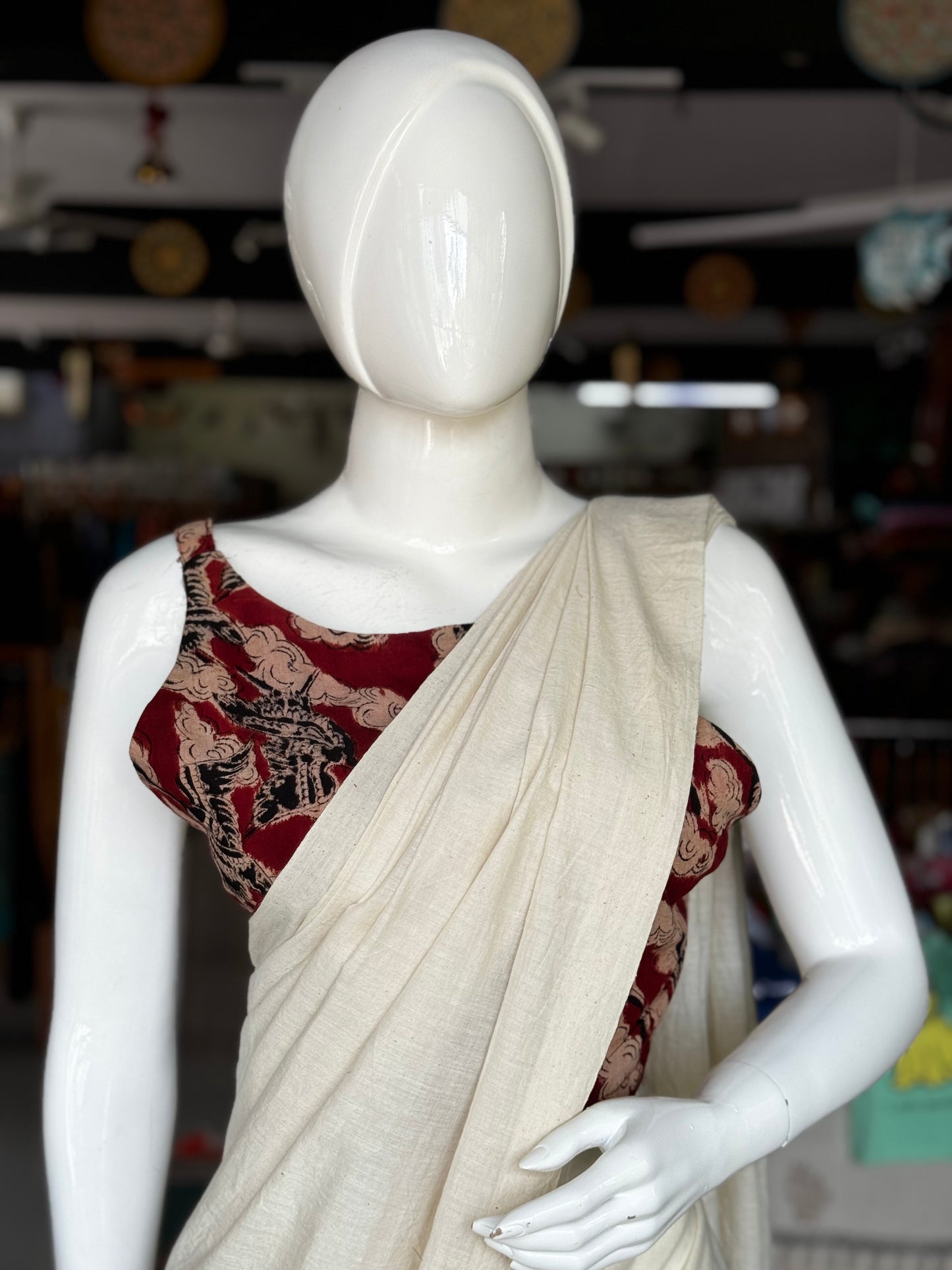 Maroon hand woven, natural dyed, hand block printed malkha cotton strap sleeves blouse