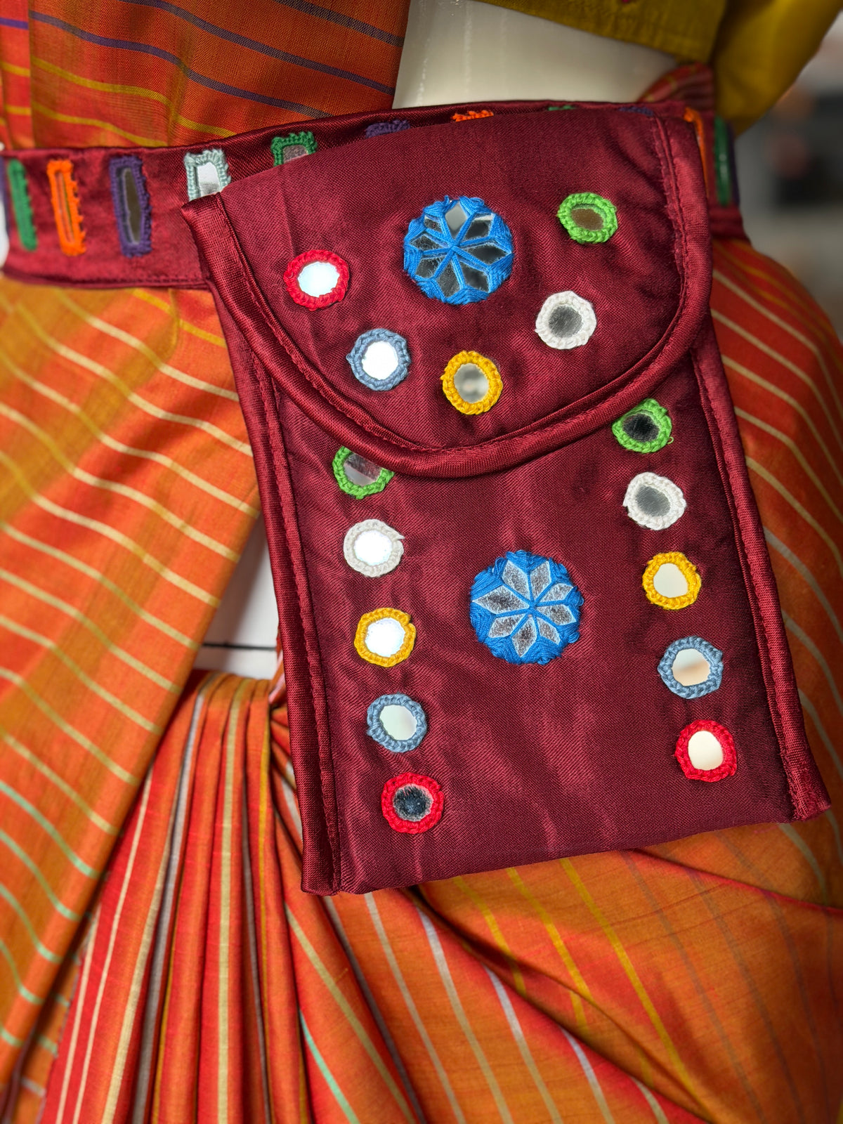Mashru belt with attached phone pouch - hand embroidered mirror work