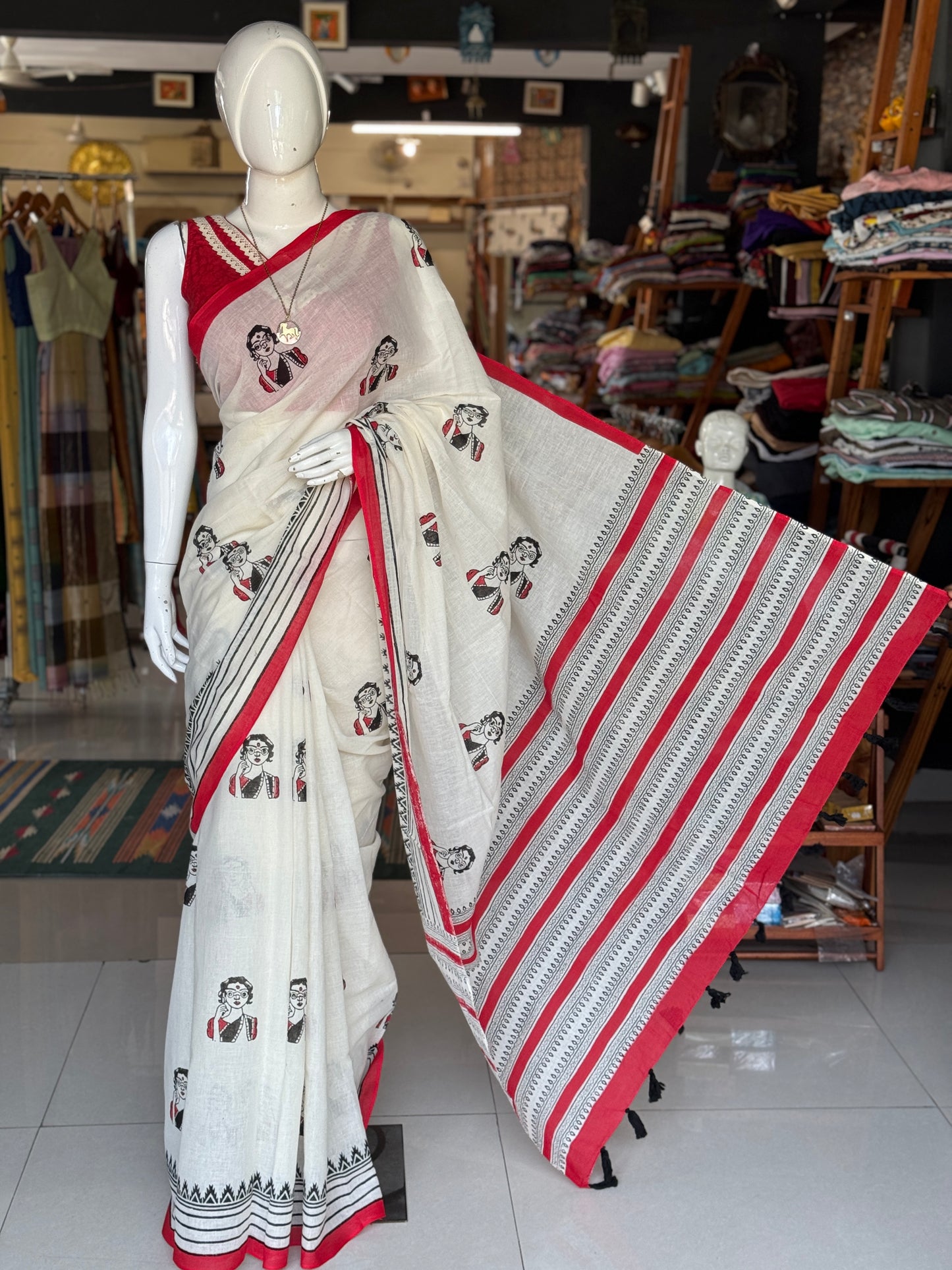 Lovely lady - quirky hand block printed off white cotton saree