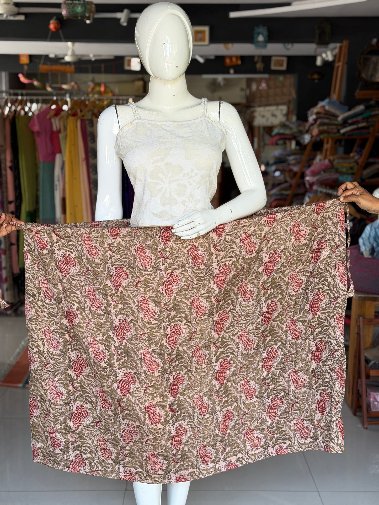 Olive green hand block printed silk cotton viral jalu skirt with pockets - free size with both sides draw string