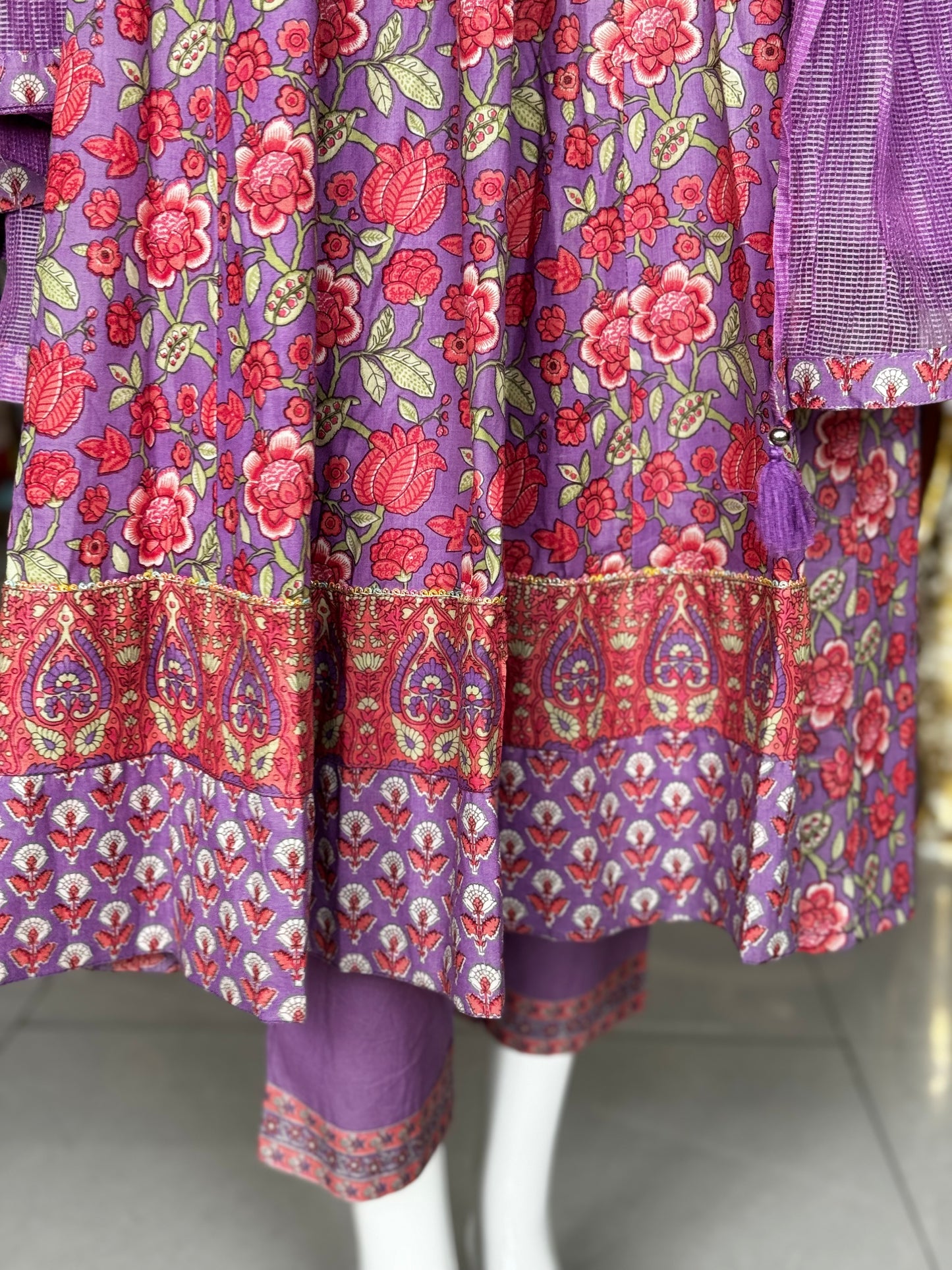 Lilac cotton anarkali Kurti, pants and dupatta - 3 piece set