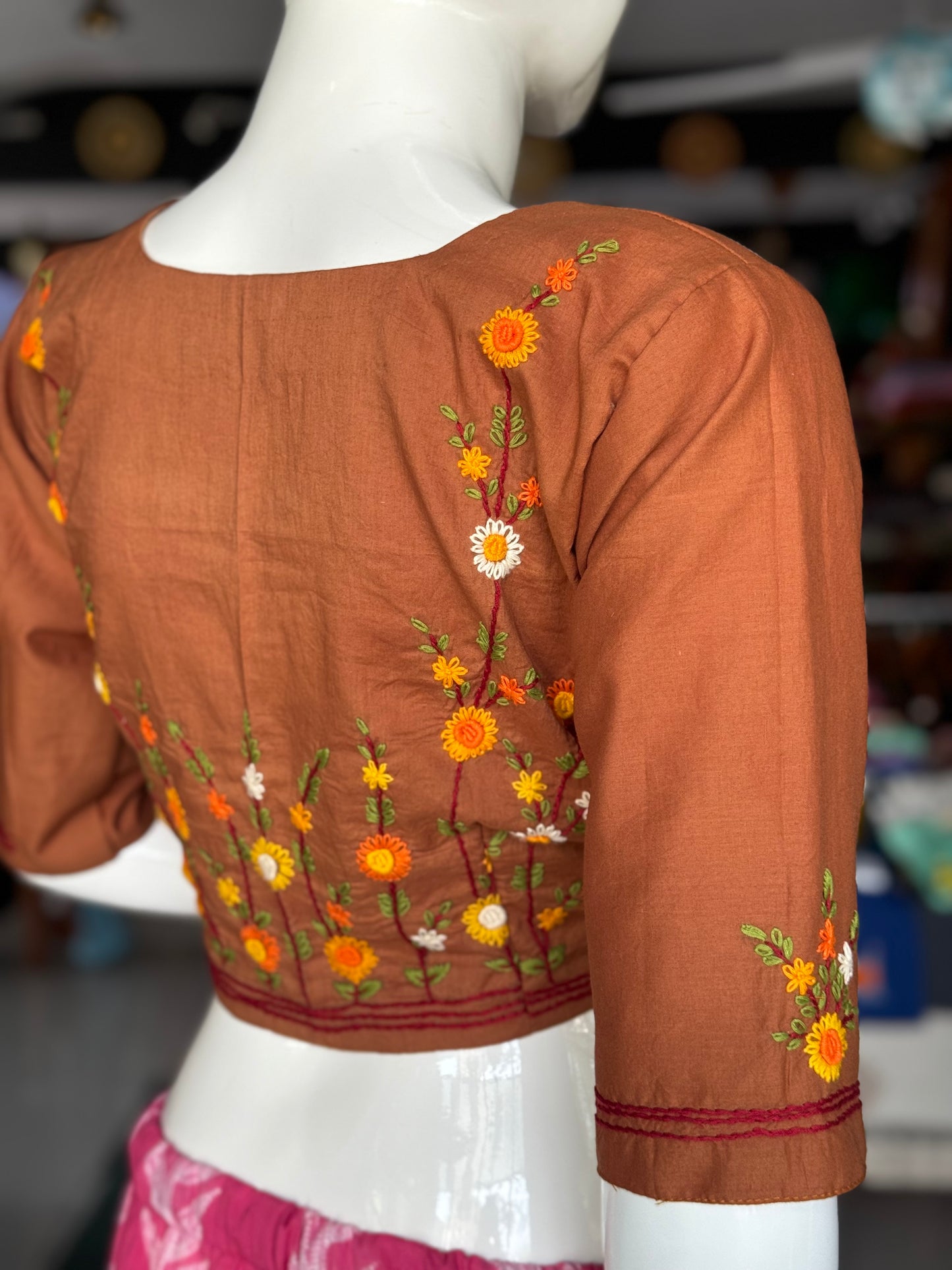 Rust brown flowers hand embroidered cotton blouse with lining