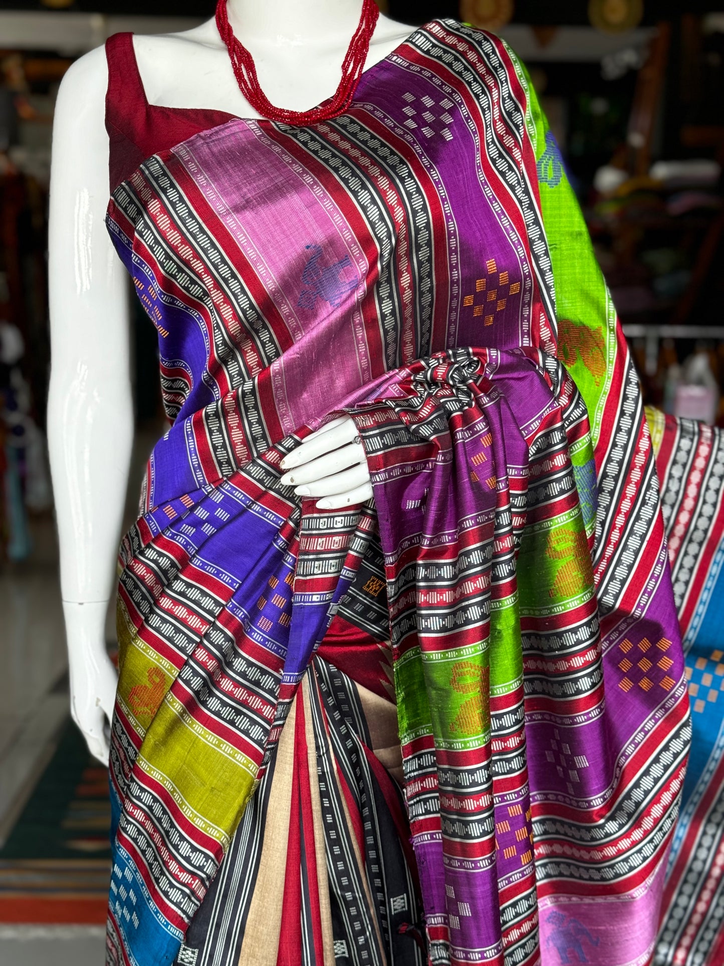 Maroon, gold and black stripes Brahmapuri silk handwoven saree with temple border and colourful double palla