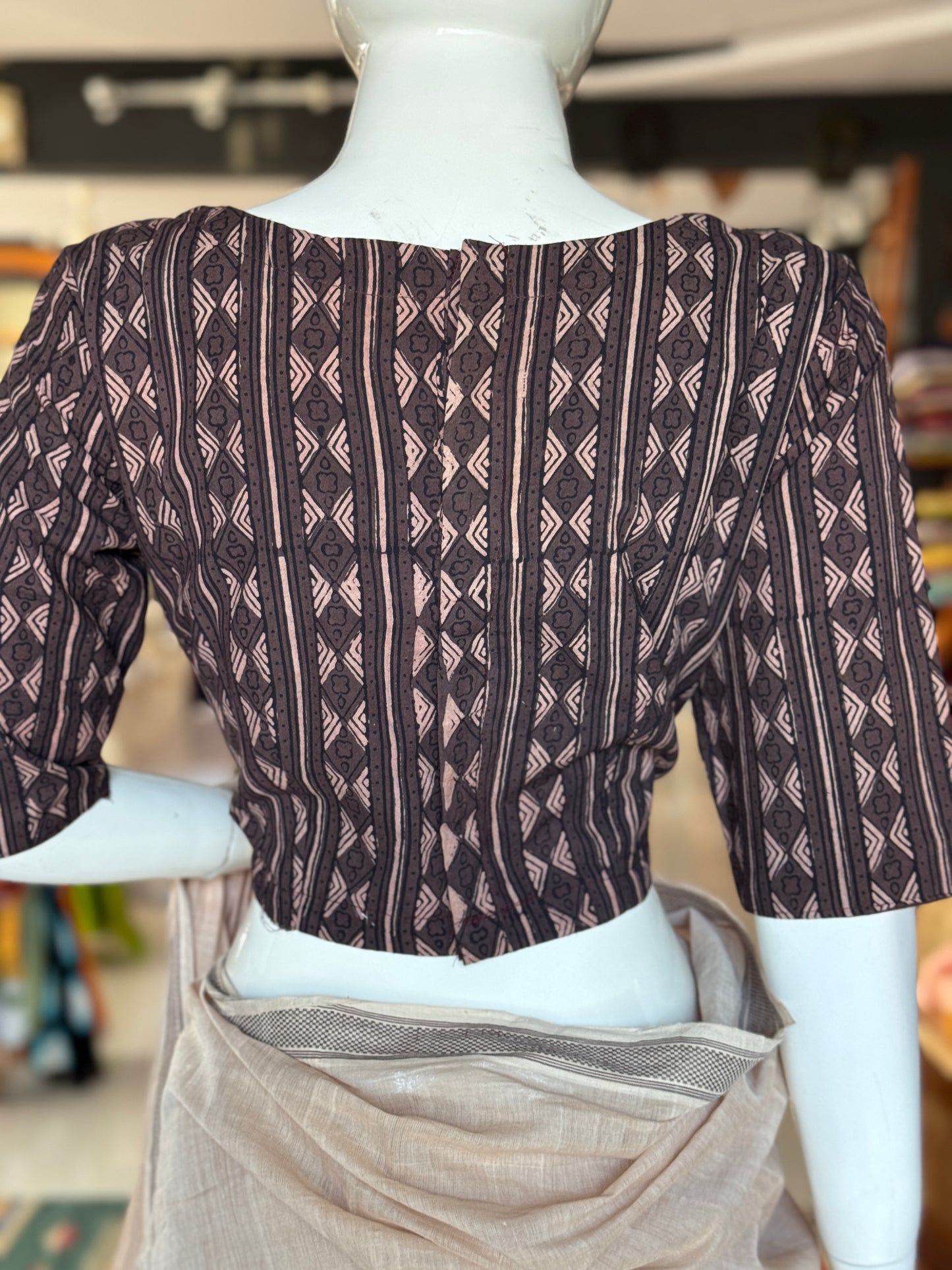 Black n brown geometric design Ajrakh handblock printed, natural dyed cotton back open blouse