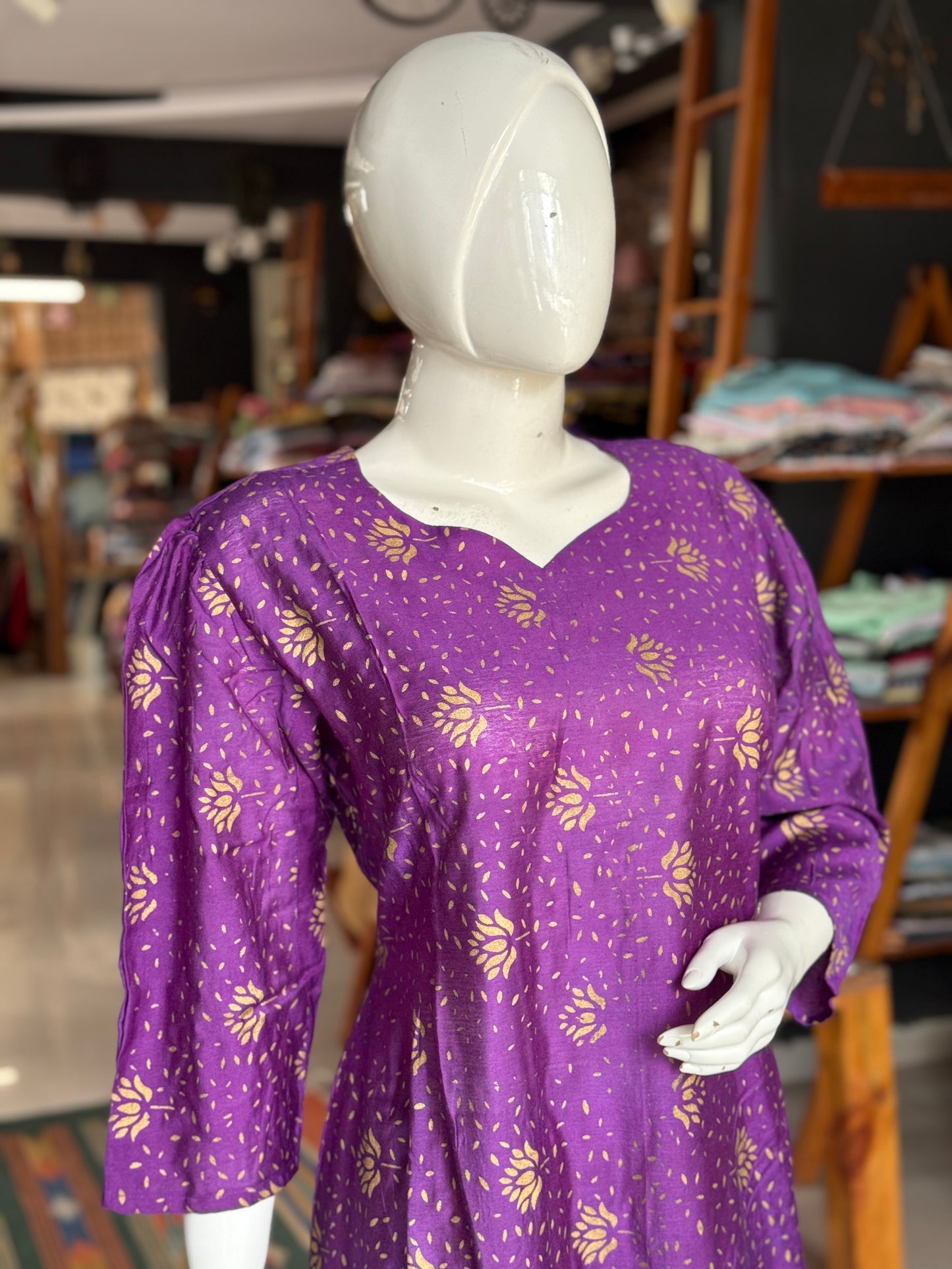 Violet a-line cotton kurti with gold floral hand block prints