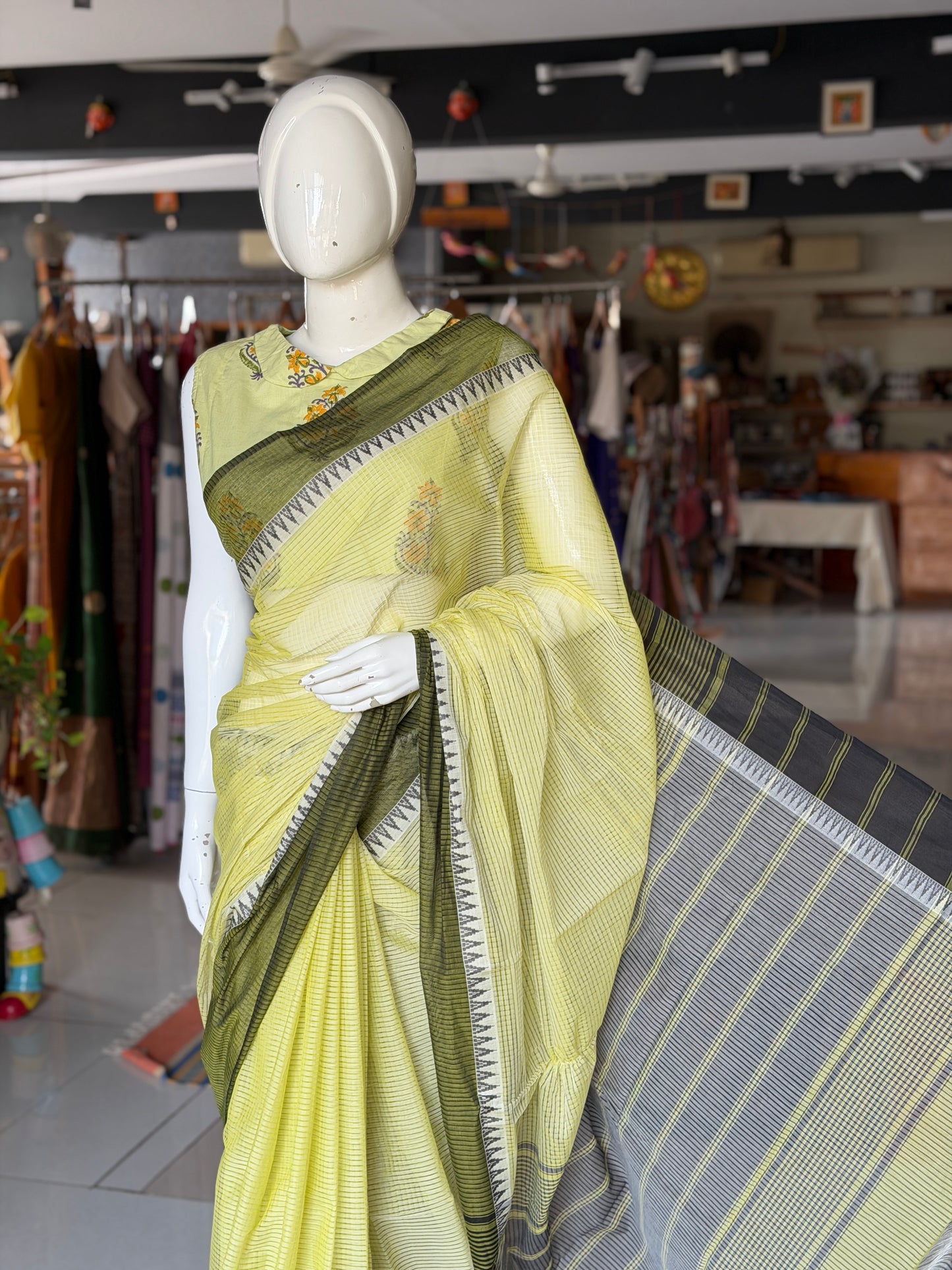 Lime green and dark green Mangalagiri handloom missing checks cotton saree with temple border