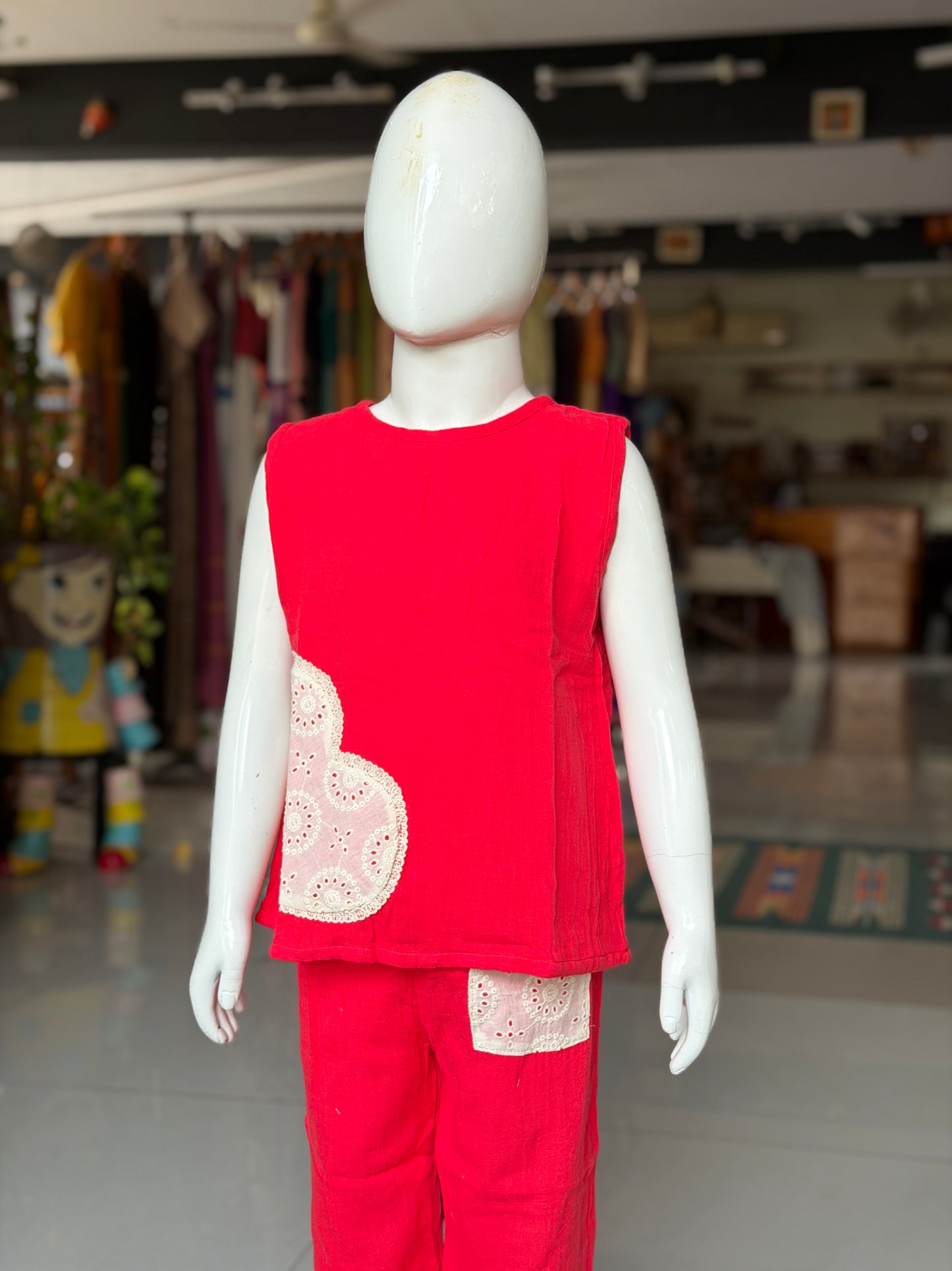 Red crop top pant coord set for girls with hakoba applique - double cotton