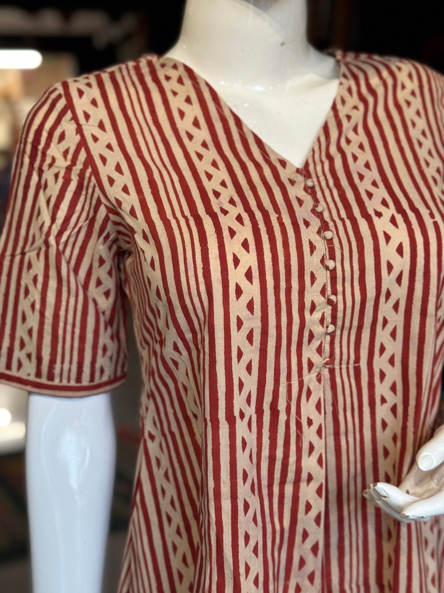 Front pleated, v-neck hand block printed cotton dress - multiple designs