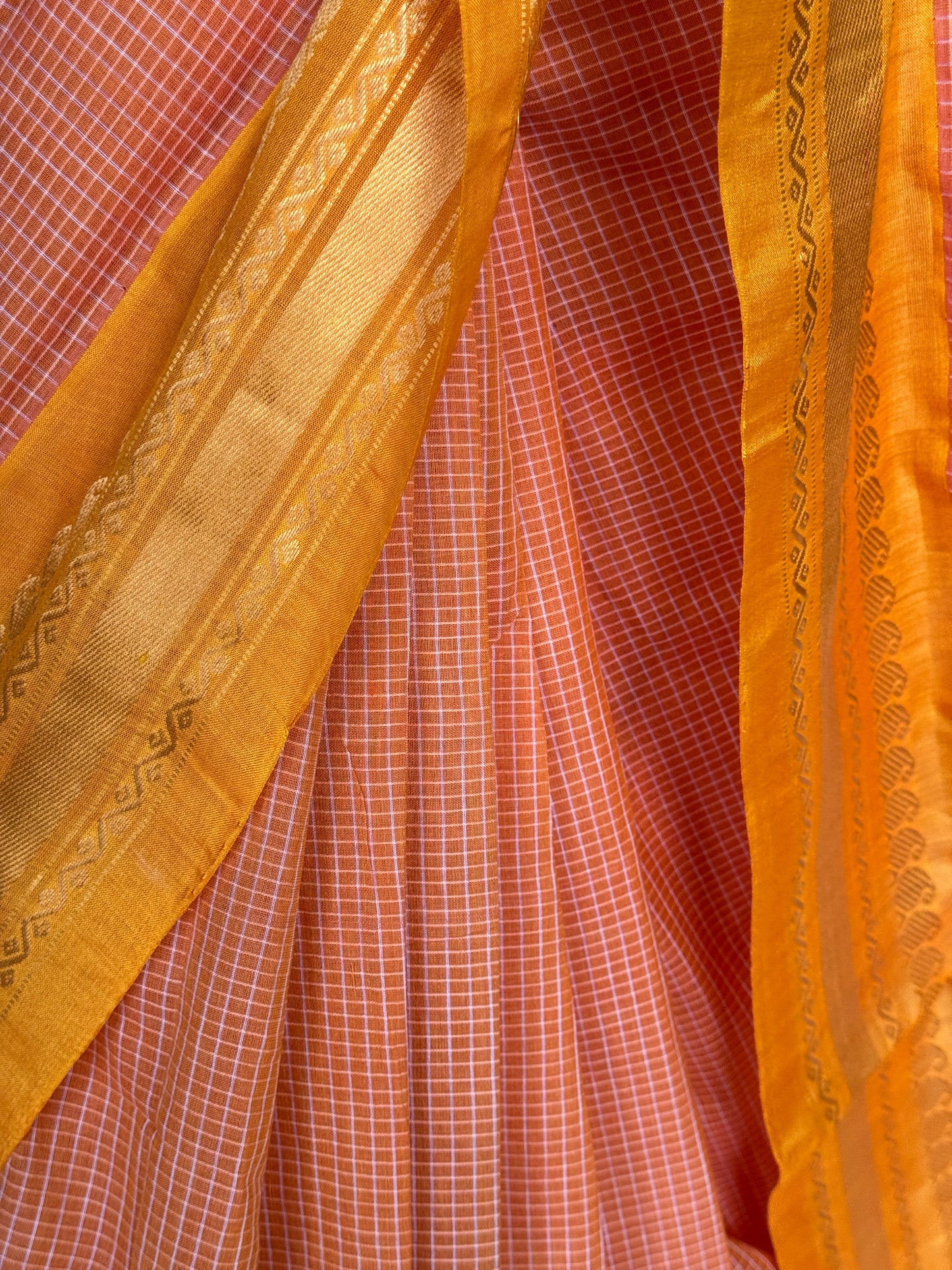 Kanakambar peach checks body with yellow border - handwoven Gadwal cotton saree with silk Pallu and borders