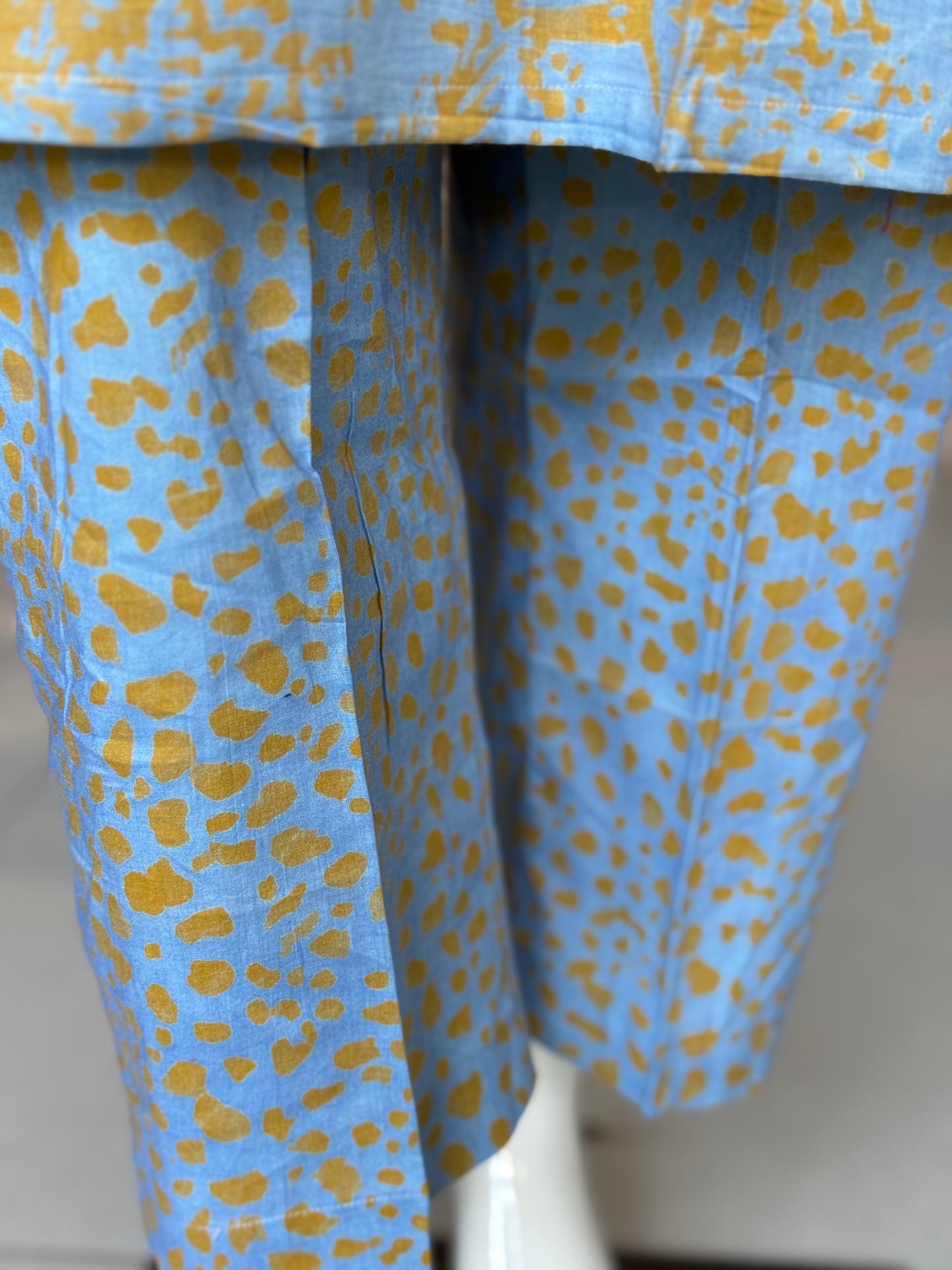 Blue and orange leaf pattern soft batik cotton straight kurta, dupatta and pants -  3 piece suit set