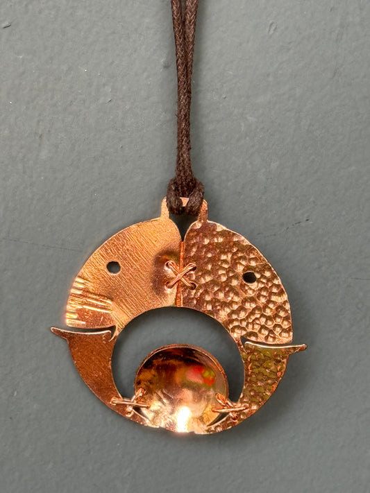 Twin elephants - plain and hammered - handcrafted copper pendant with brown thread