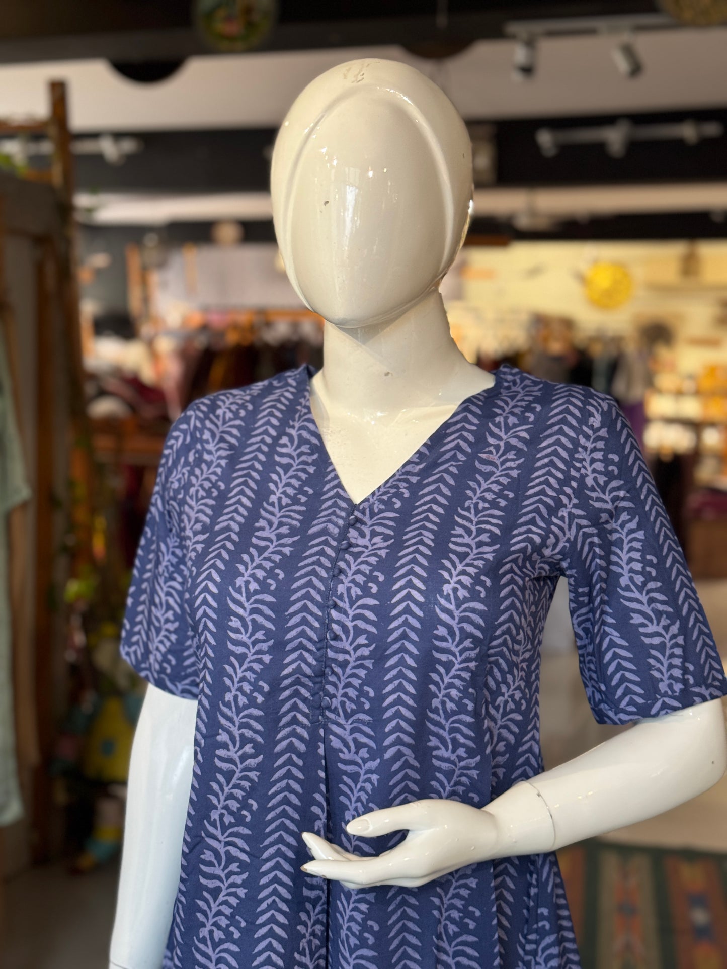 Front pleated, v-neck hand block printed cotton dress - multiple designs