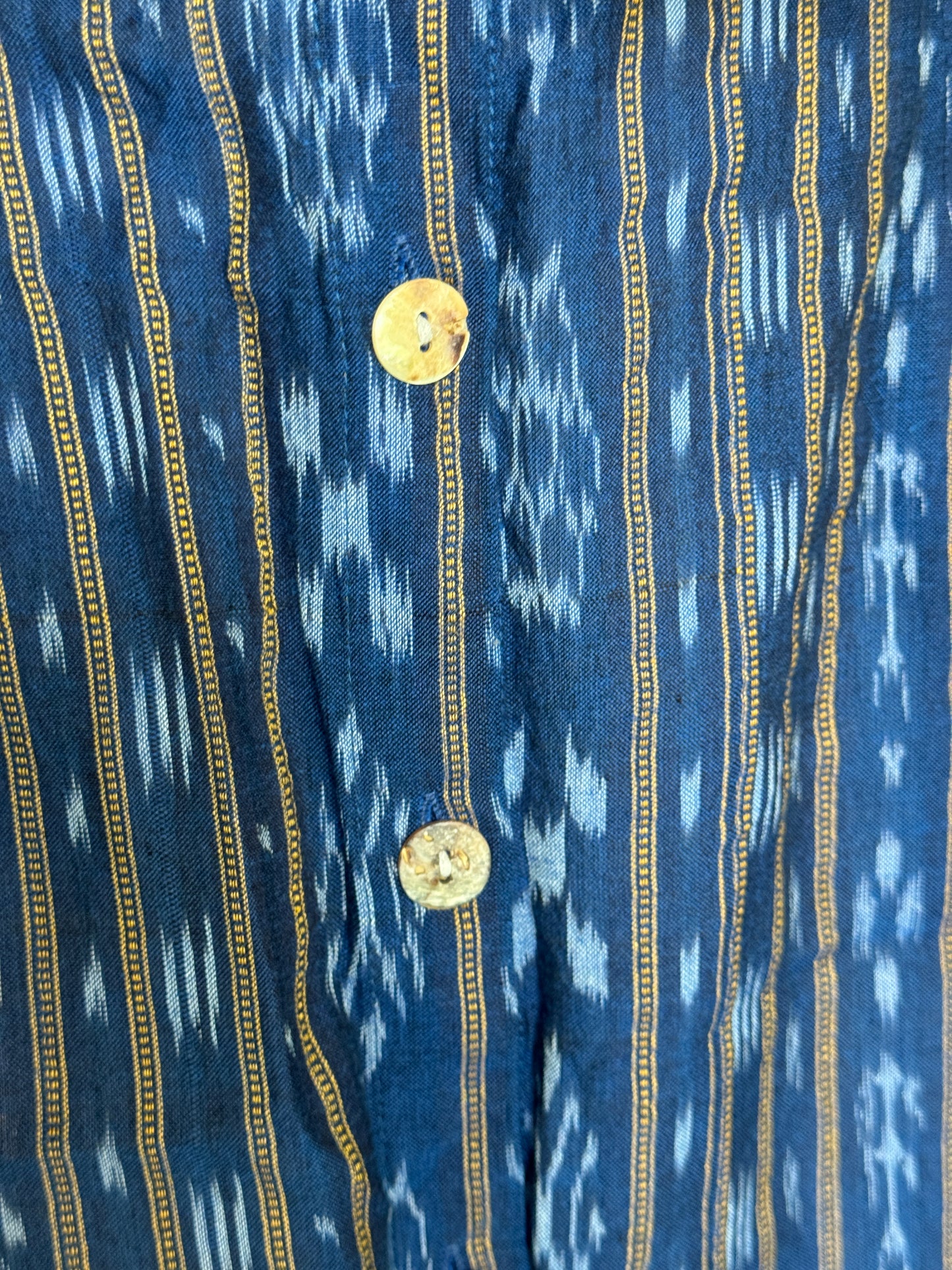 Blue ikat handwoven cotton coord set with sleeveless crop top and skirt with front buttons detailing