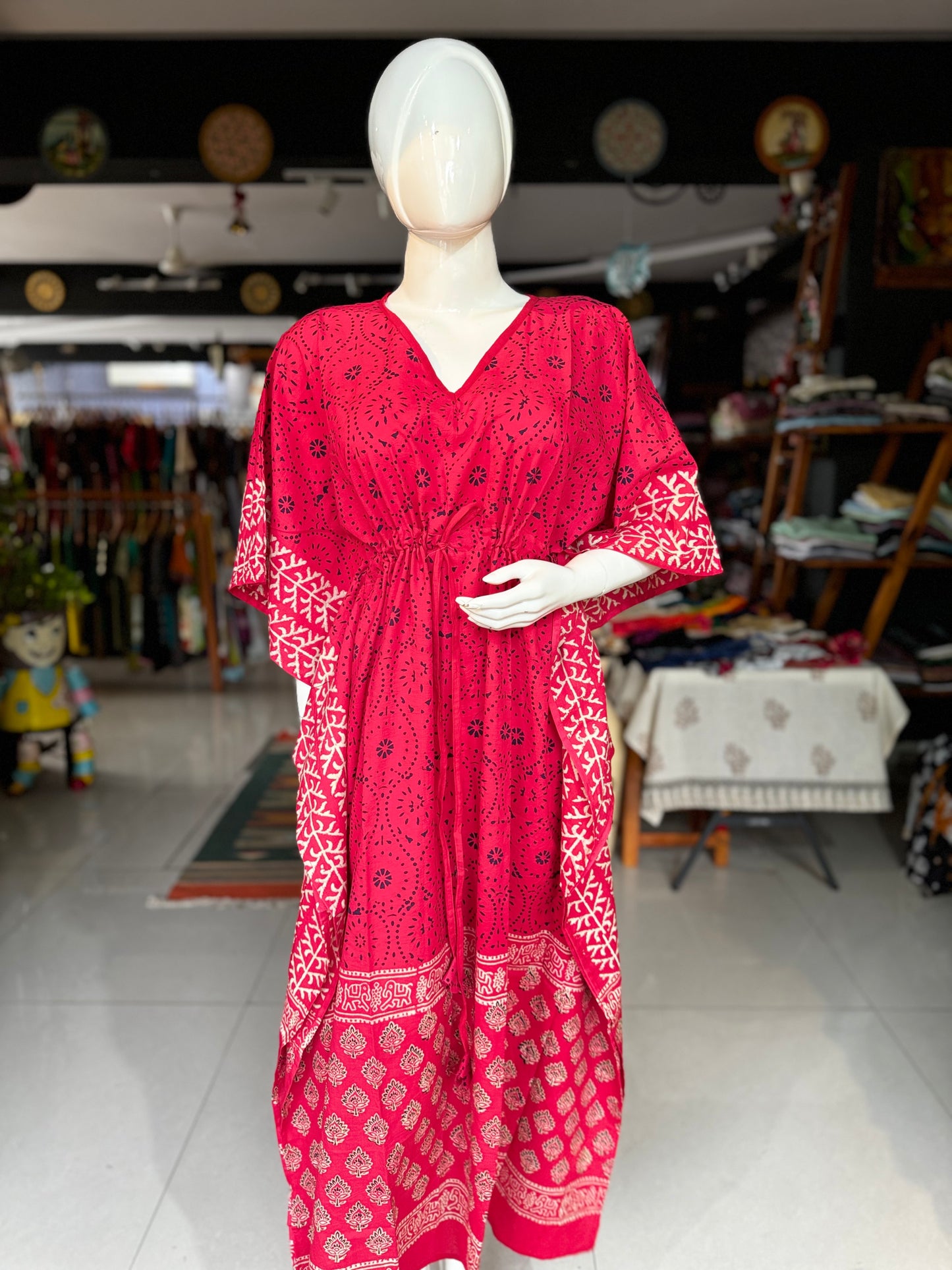 Hand block printed cotton long kaftan nighty