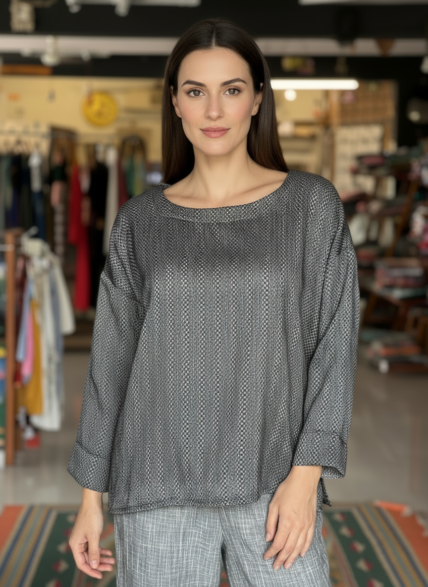 Black handloom self checks cotton top for women with dropped shoulder