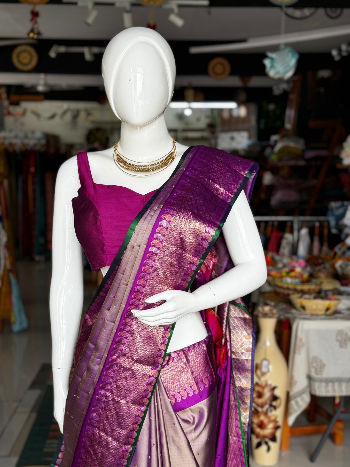 Purple and gold dual tone pure silk twill weave handwoven Gadwal saree with green selvedge